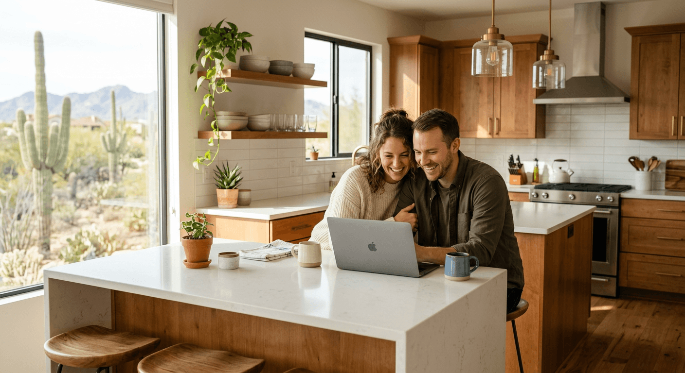 Couple at laptop looking relieved about financing