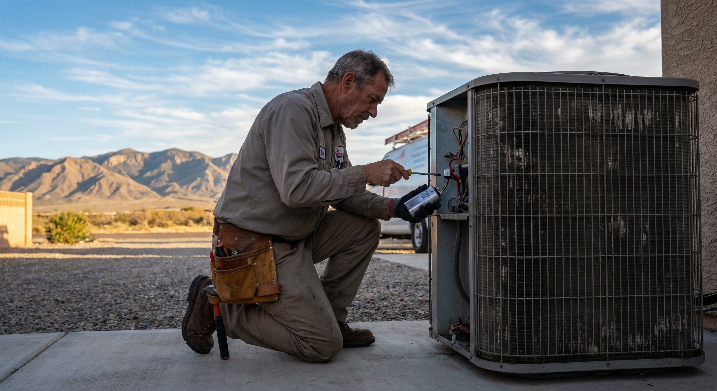HVAC technician testing an AC capacitor with a multimeter at a Phoenix home