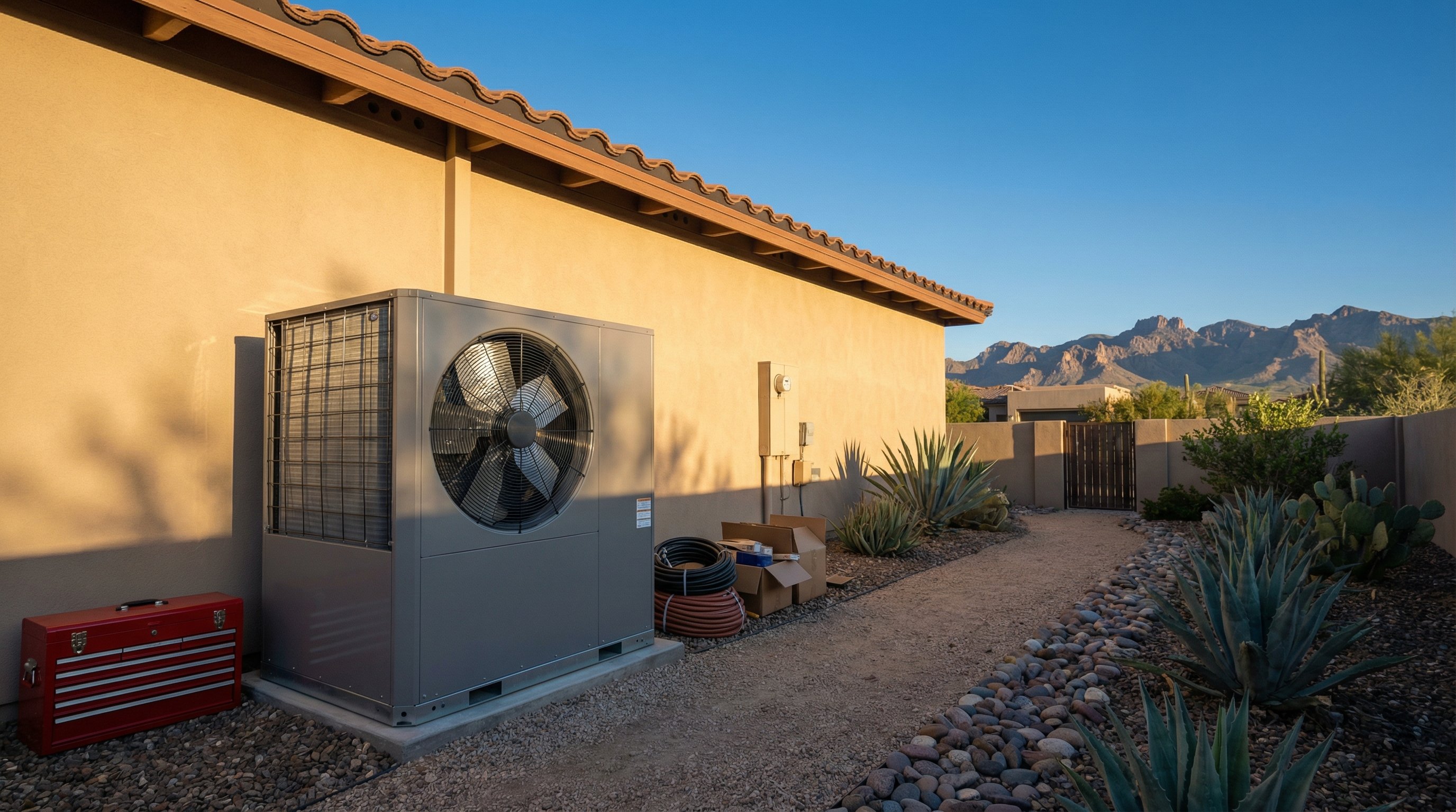 New AC unit installed with clean condenser on stucco home