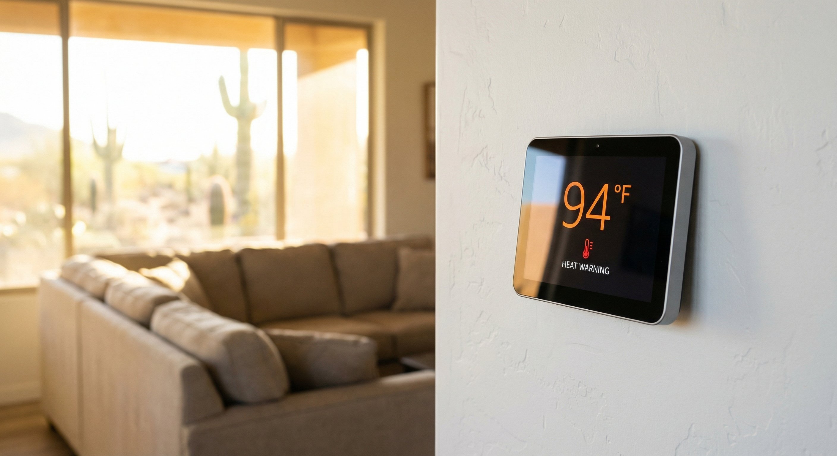 Smart home thermostat showing 94 degrees with red heat warning, set against a white wall in a modern Phoenix living room interior