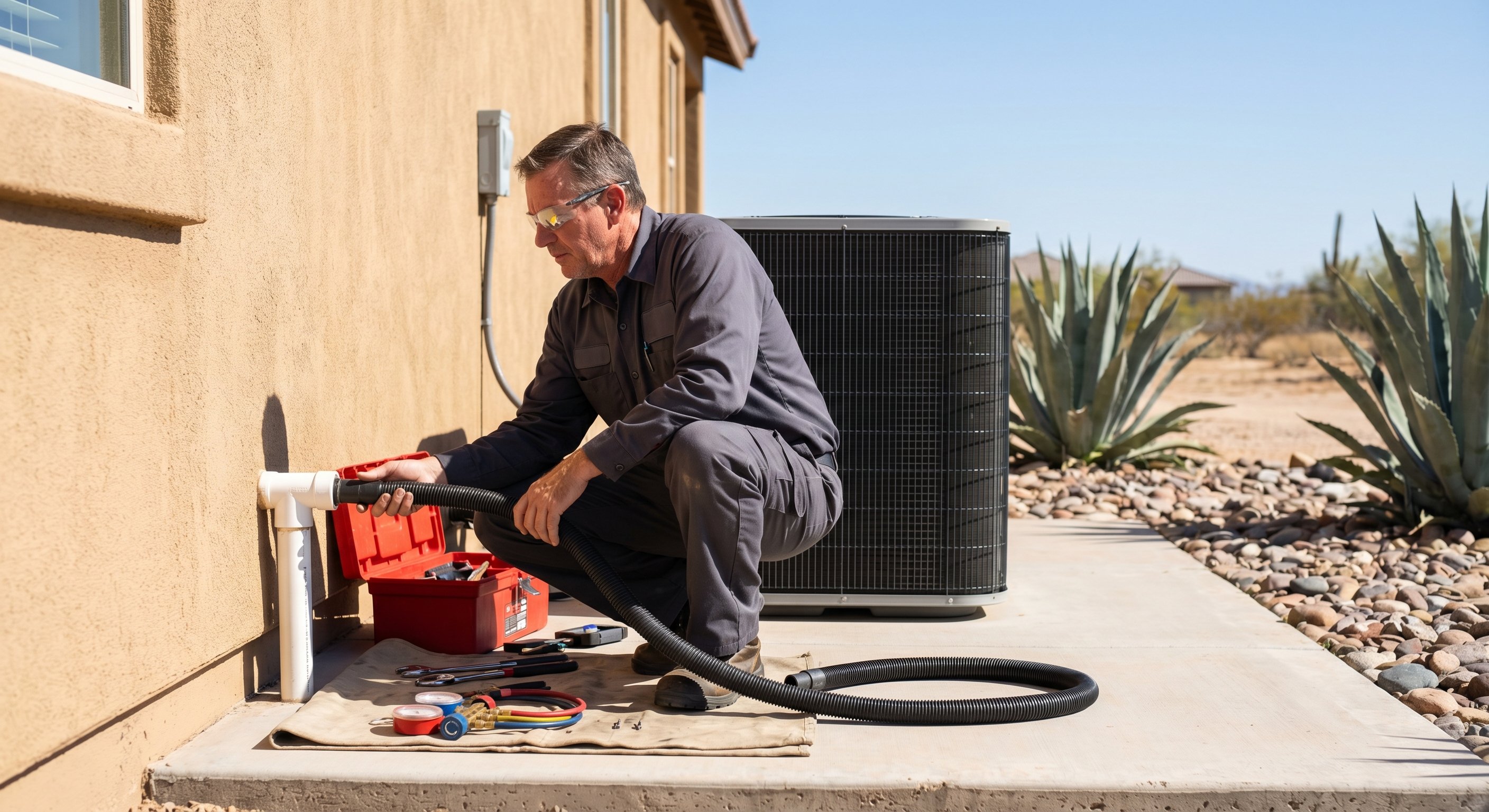 HVAC technician clearing an AC condensate drain line with a wet-dry vacuum outside a Phoenix home
