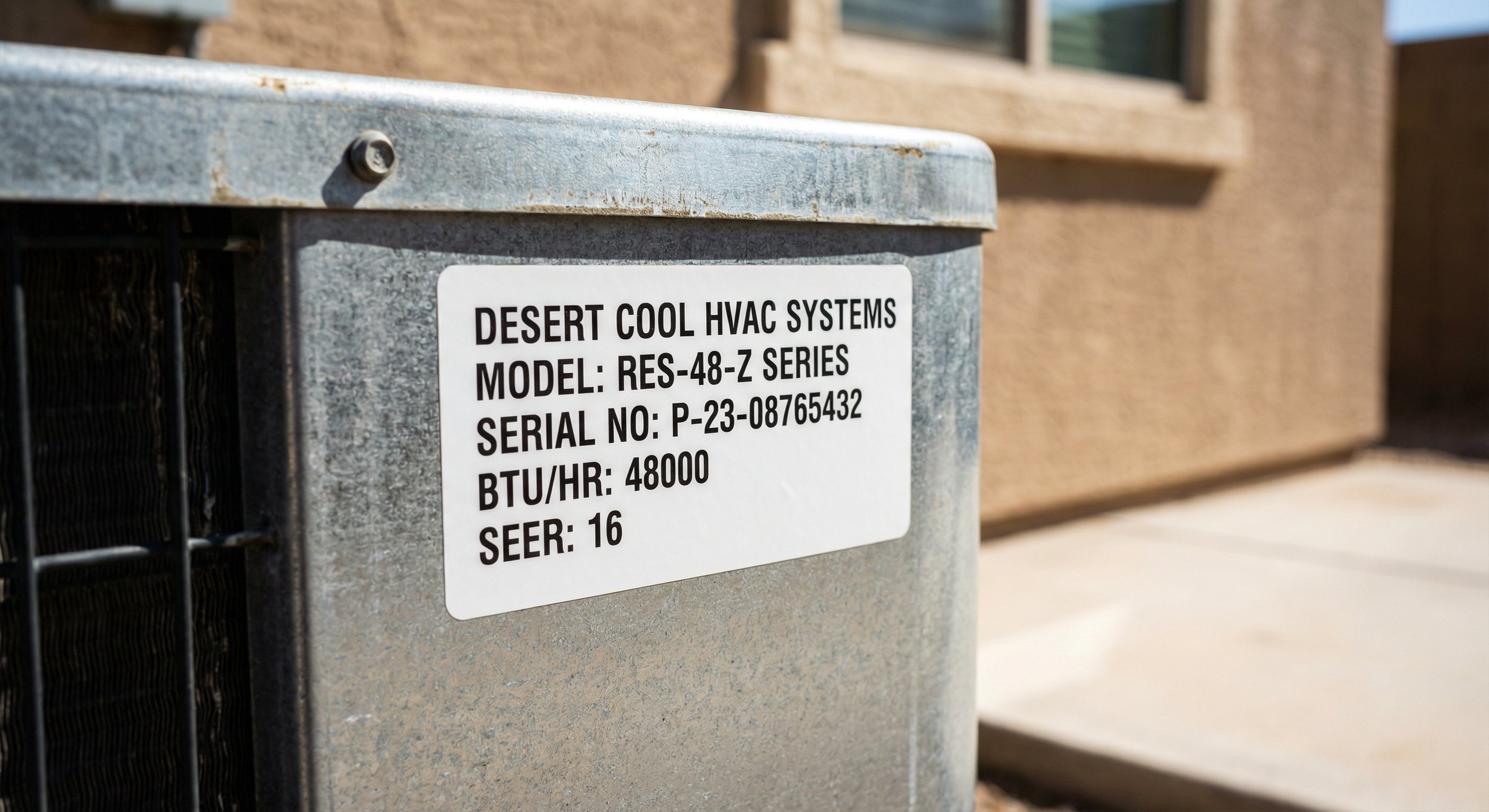Close-up of an HVAC equipment label sticker on an outdoor AC unit in Phoenix, showing model number, BTU rating, and SEER specifications