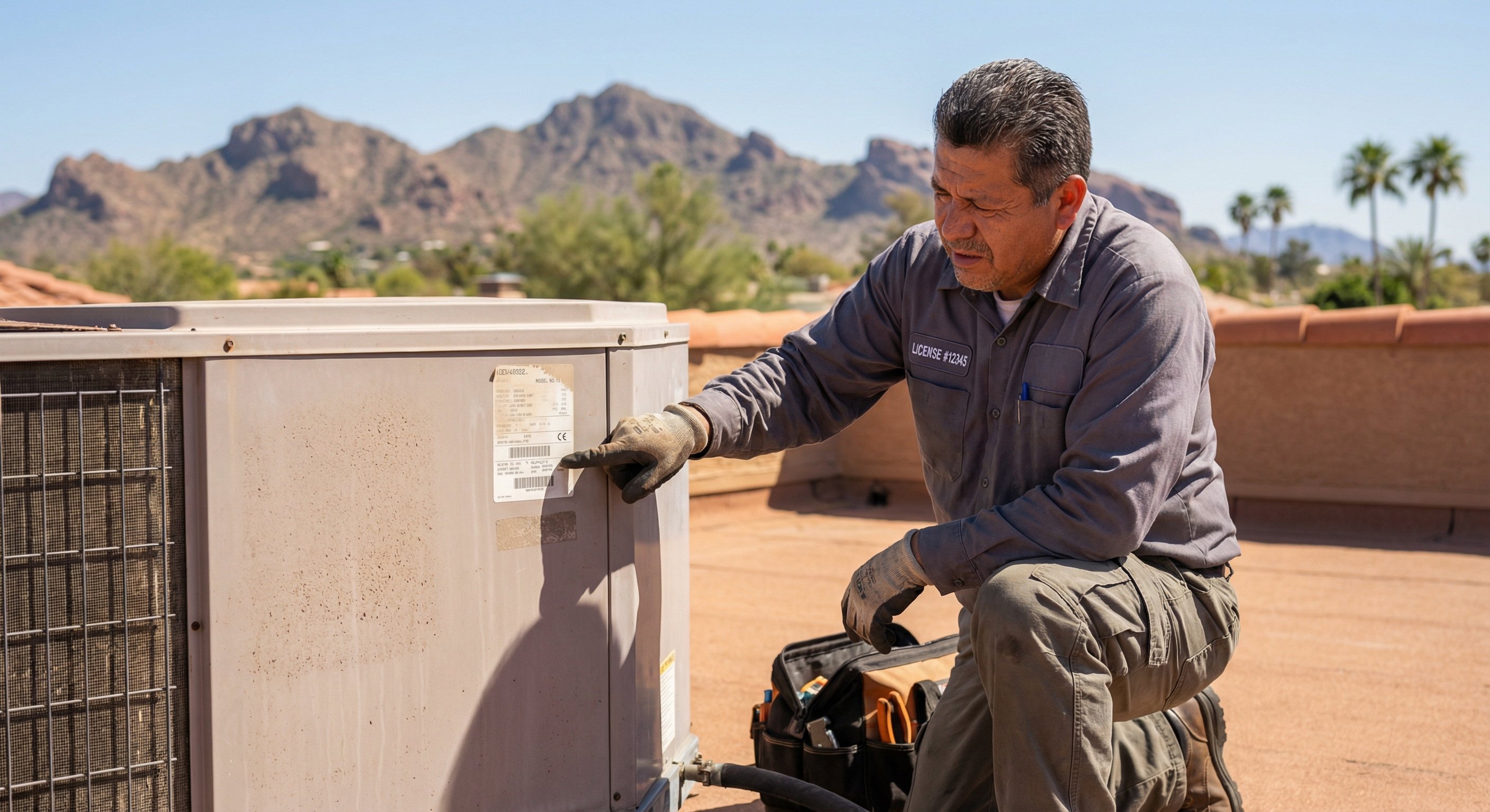 Licensed HVAC technician pointing to a model number label sticker on a rooftop AC unit in Phoenix