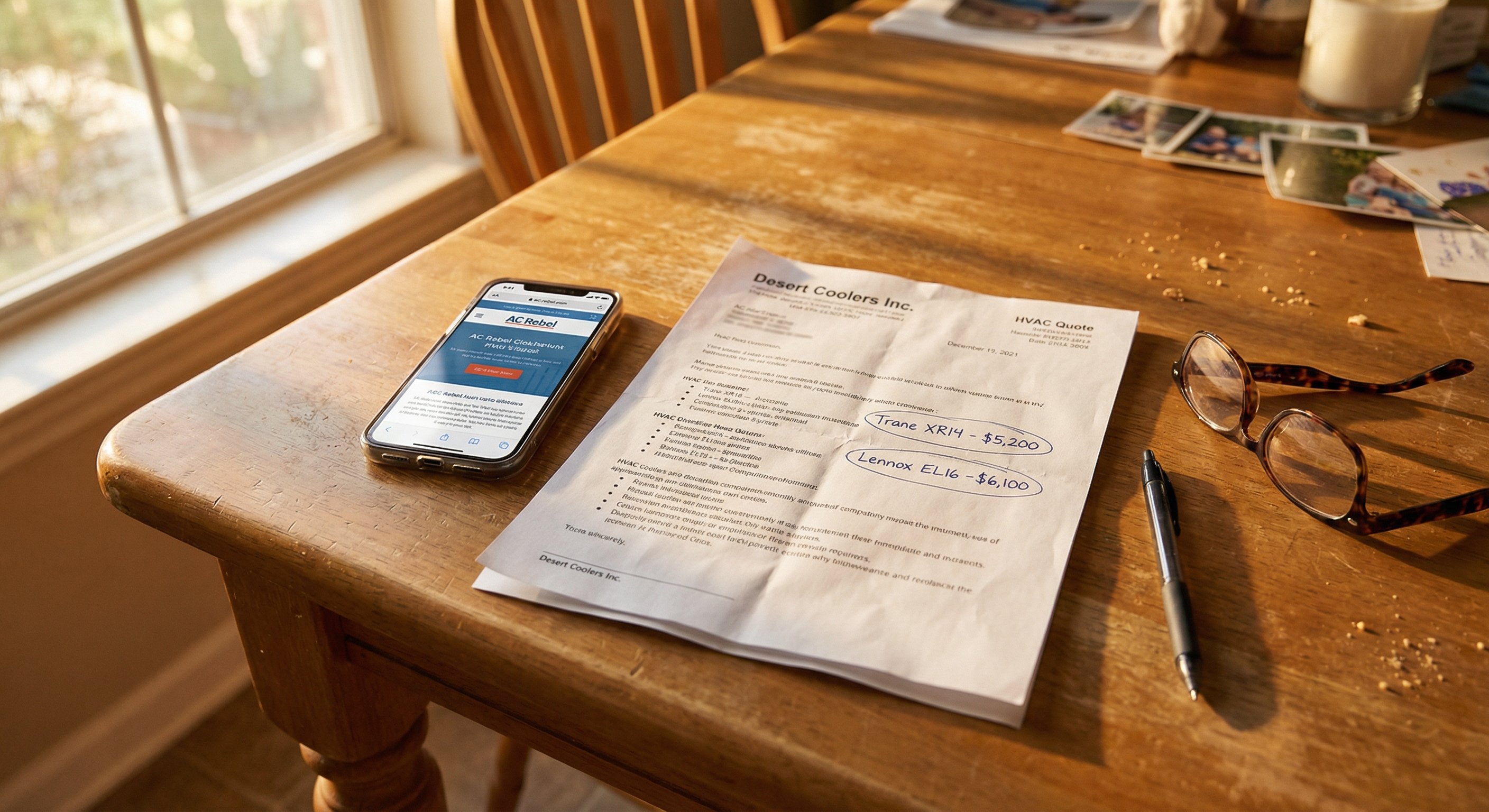 Contractor quote document on a kitchen table with smartphone showing the AC Rebel website