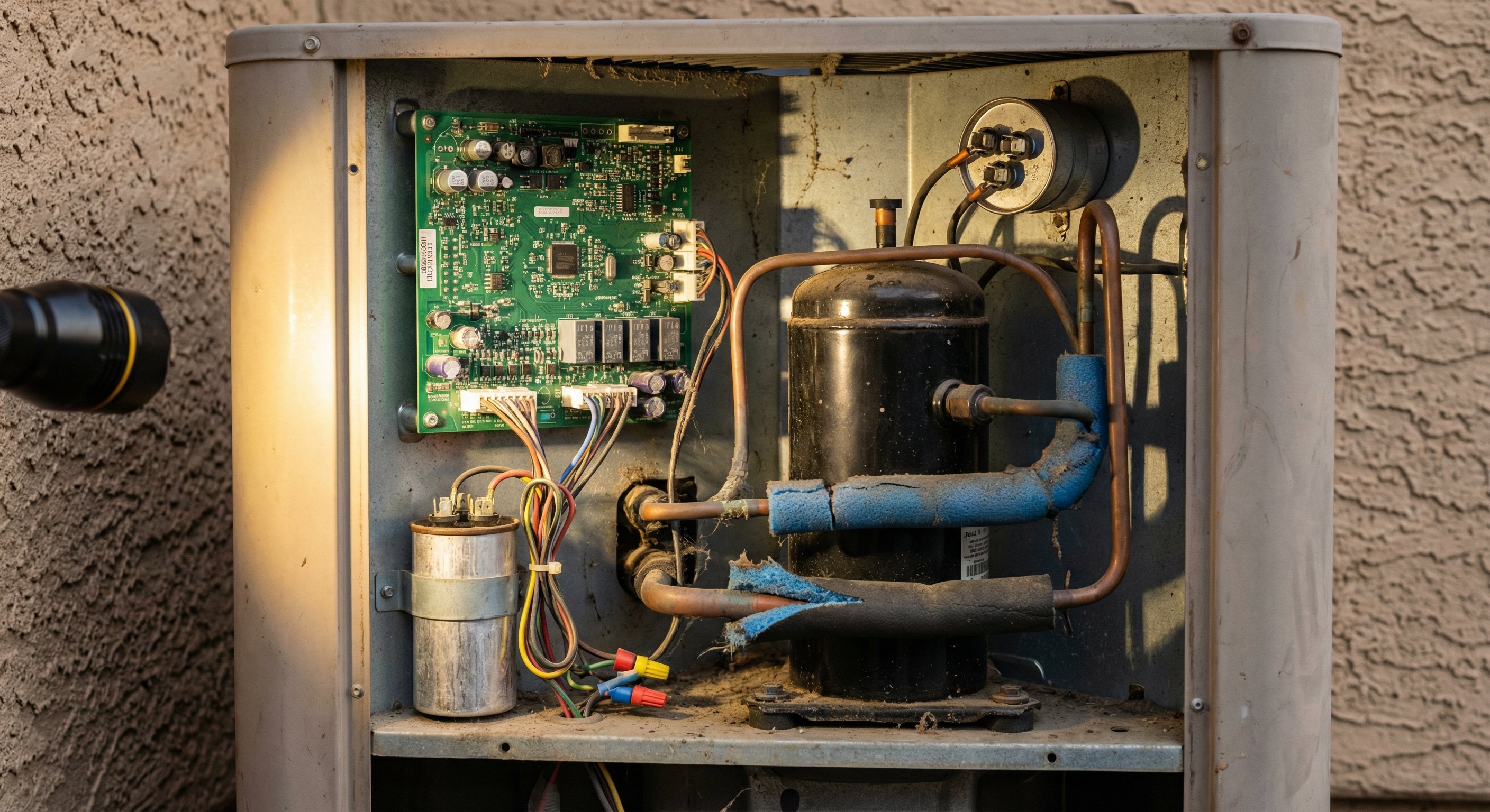 Open AC condensing unit service panel showing internal compressor and refrigerant lines