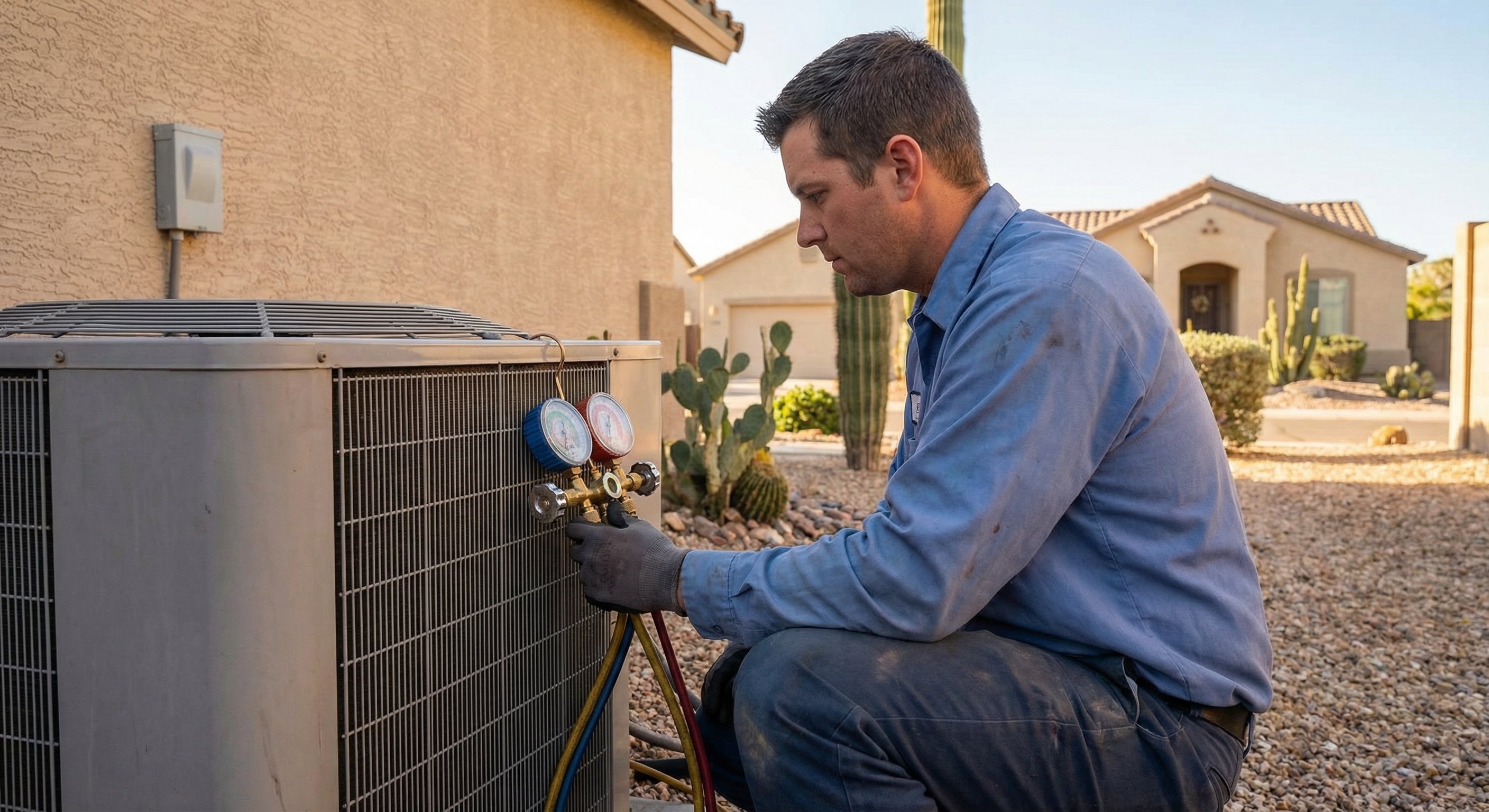 HVAC technician in Arizona checking refrigerant pressure gauges on a residential AC system