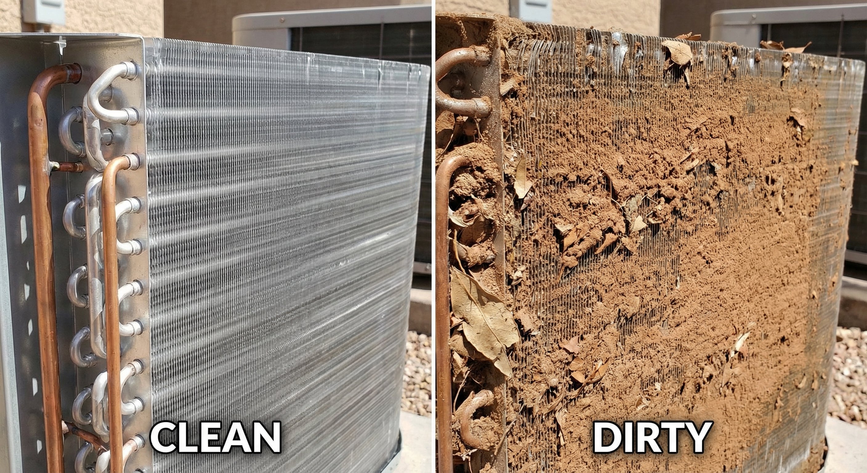 Before and after comparison of clean versus dust-clogged AC condenser coils in Arizona desert conditions