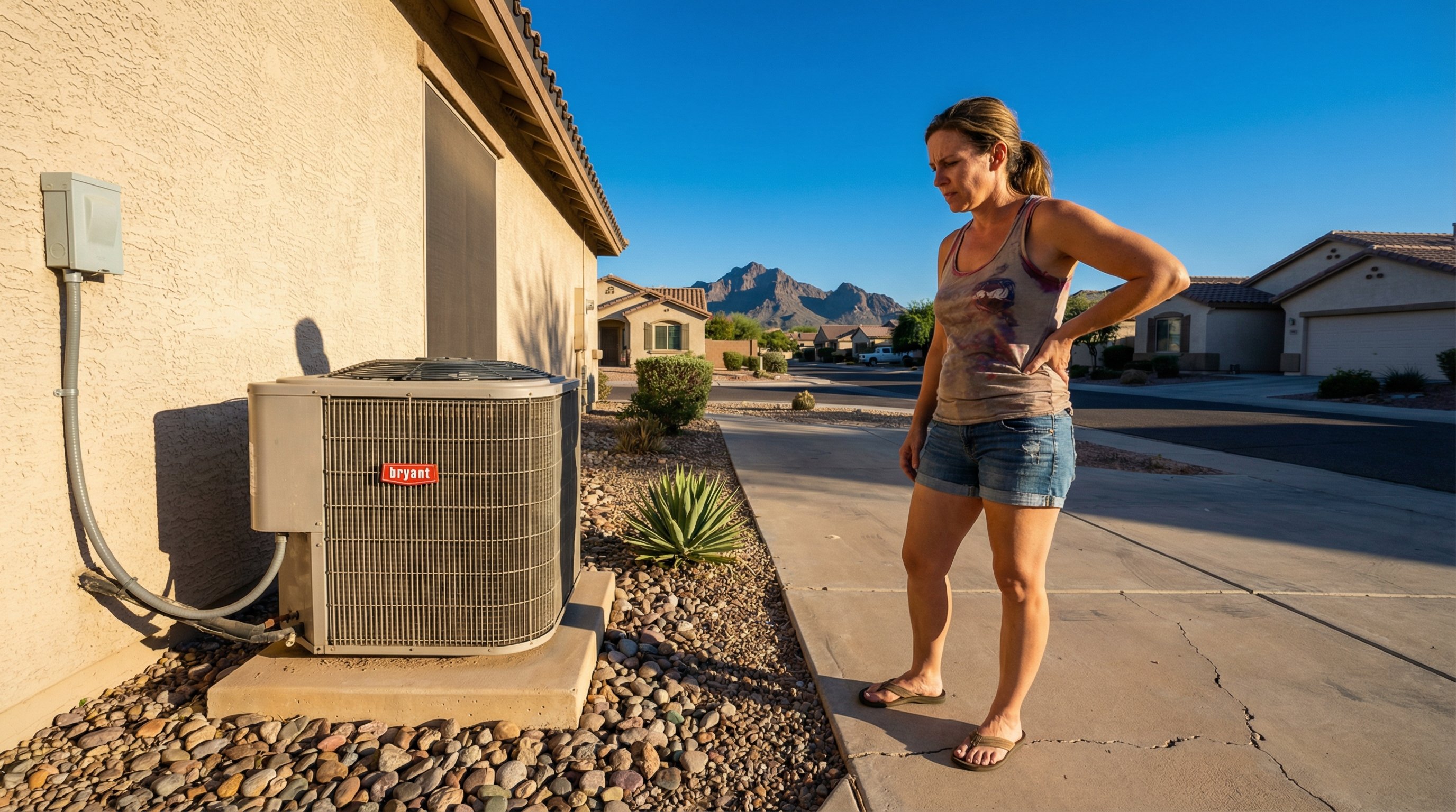 Homeowner checking a non-running AC condenser unit in Phoenix