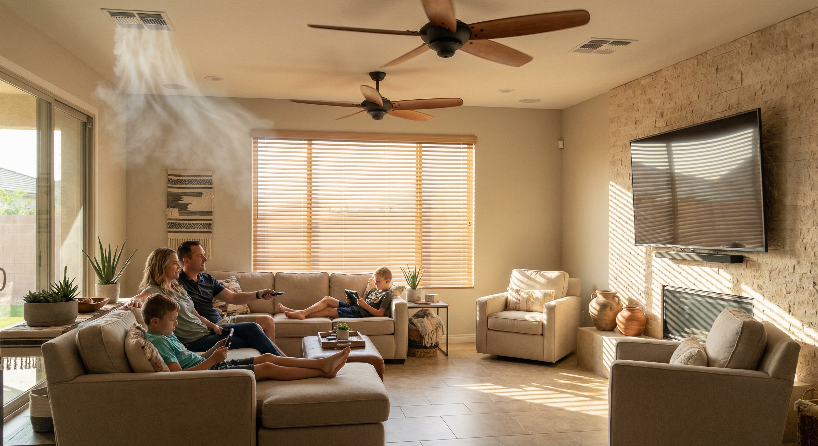 Family enjoying air-conditioned comfort in their Phoenix home after an AC repair