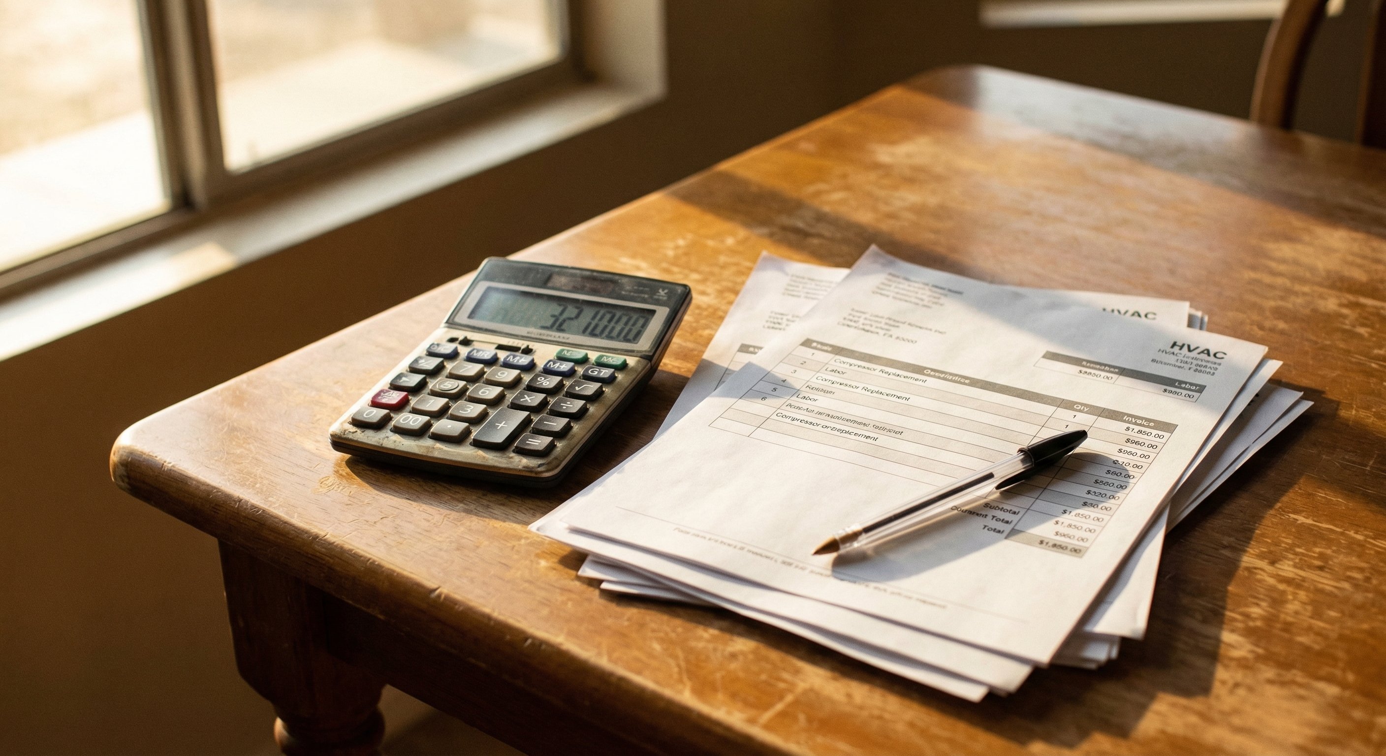 HVAC quote paperwork with calculator on Arizona kitchen table