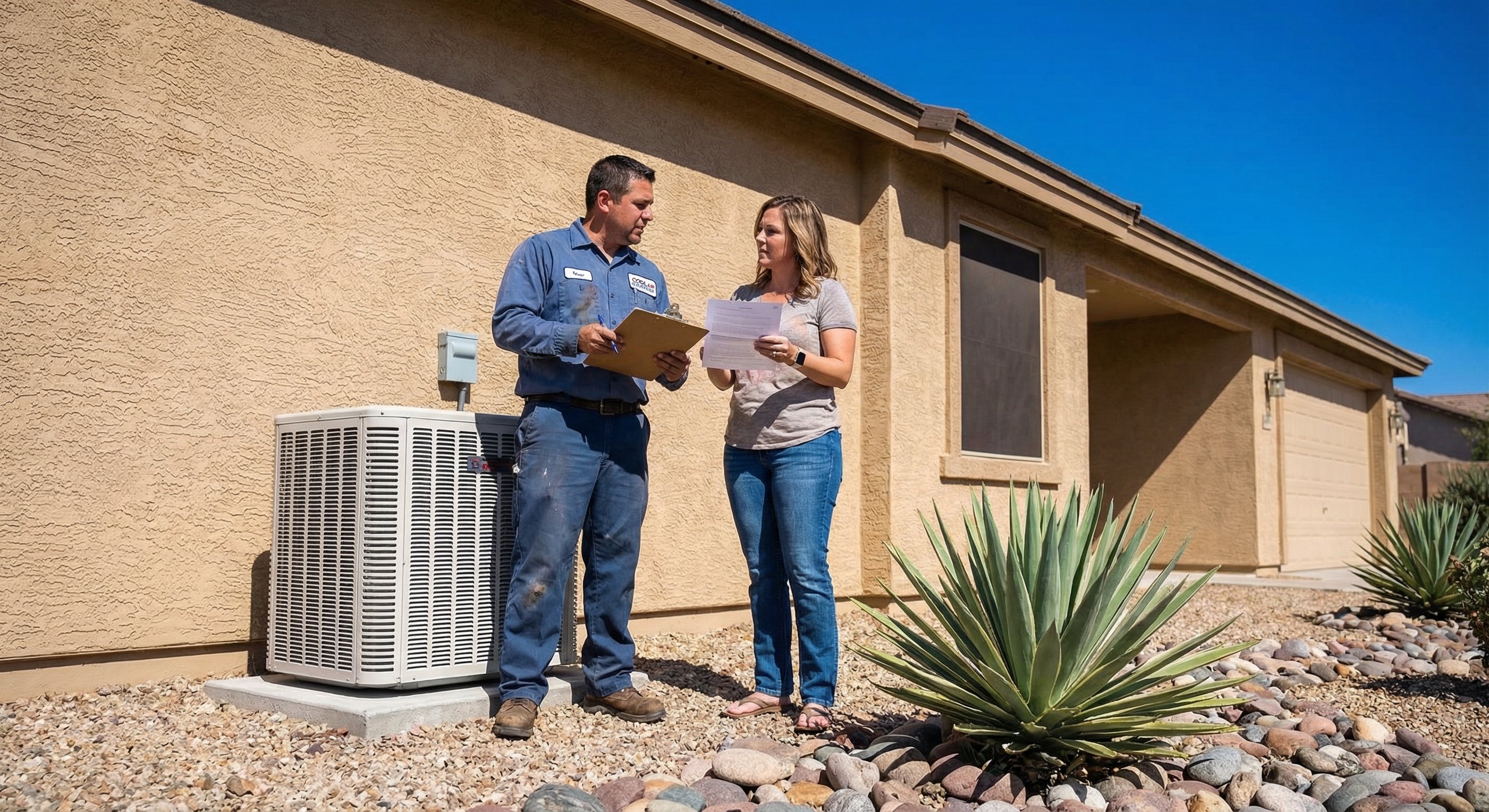 HVAC technician reviewing AC replacement quote with homeowner at Arizona stucco home