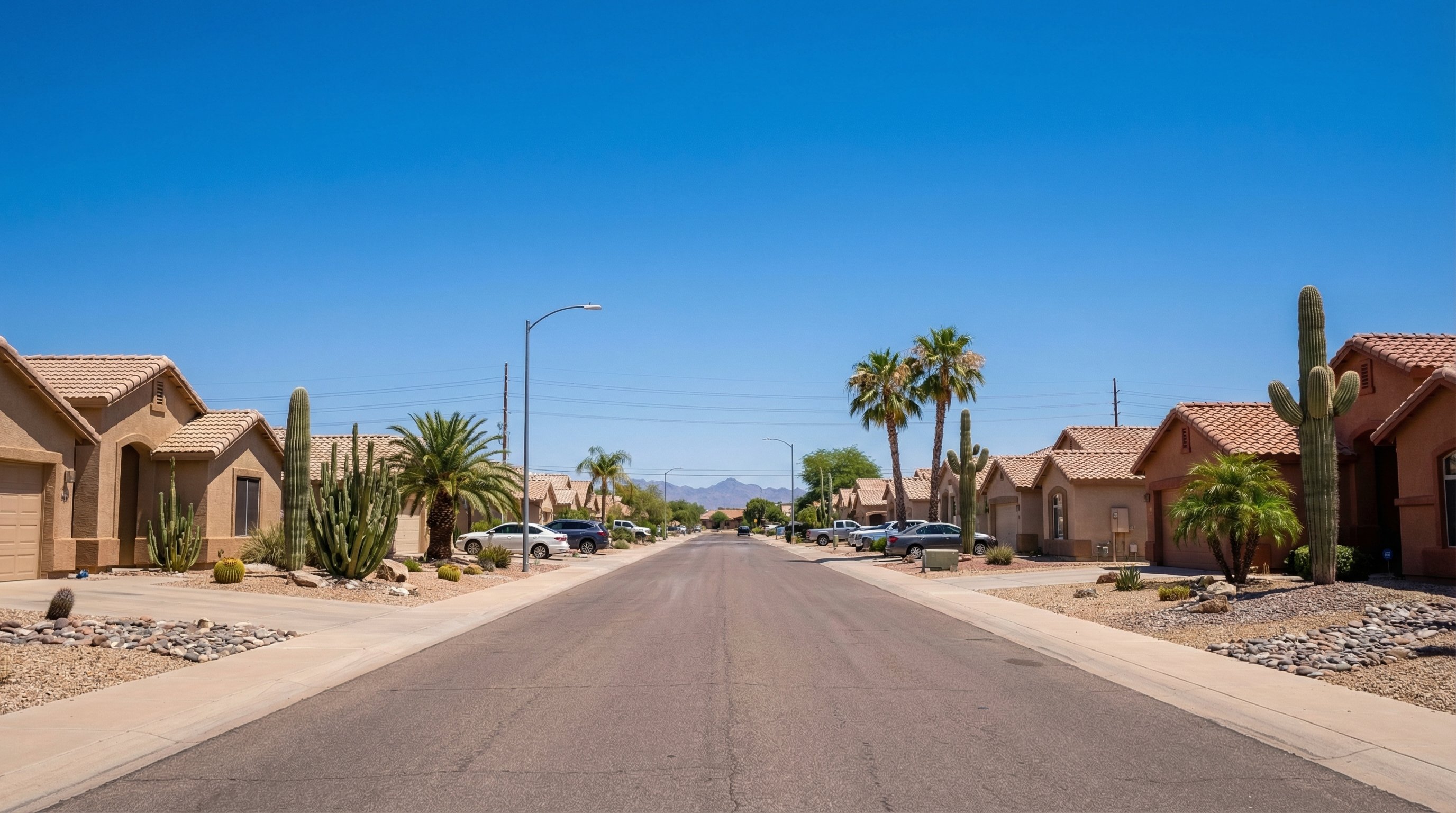 Phoenix suburban neighborhood street with stucco homes and desert landscaping on a hot sunny day