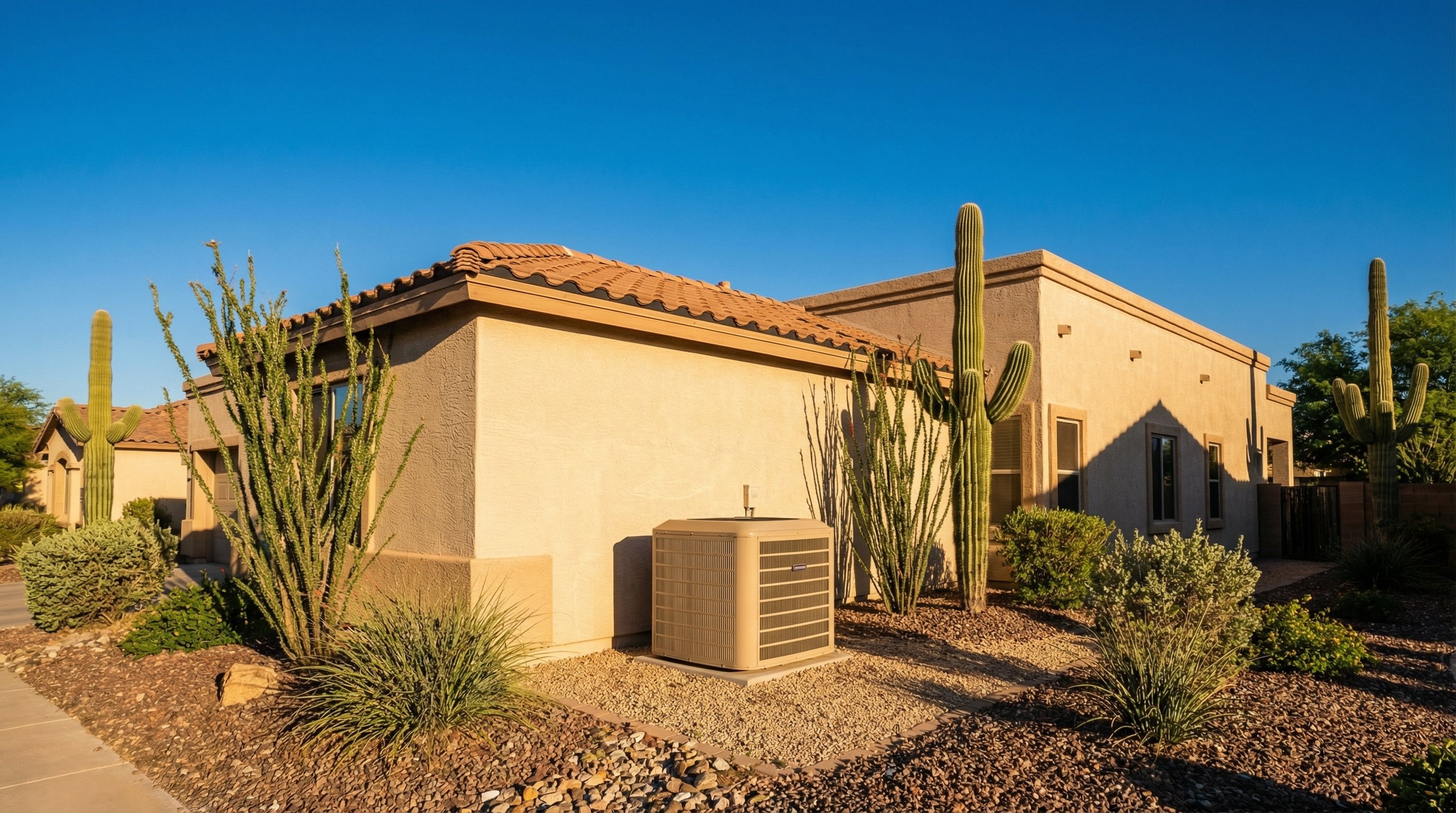 Stucco home in Phoenix with an outdoor AC condenser unit running in direct sunlight with blue sky above