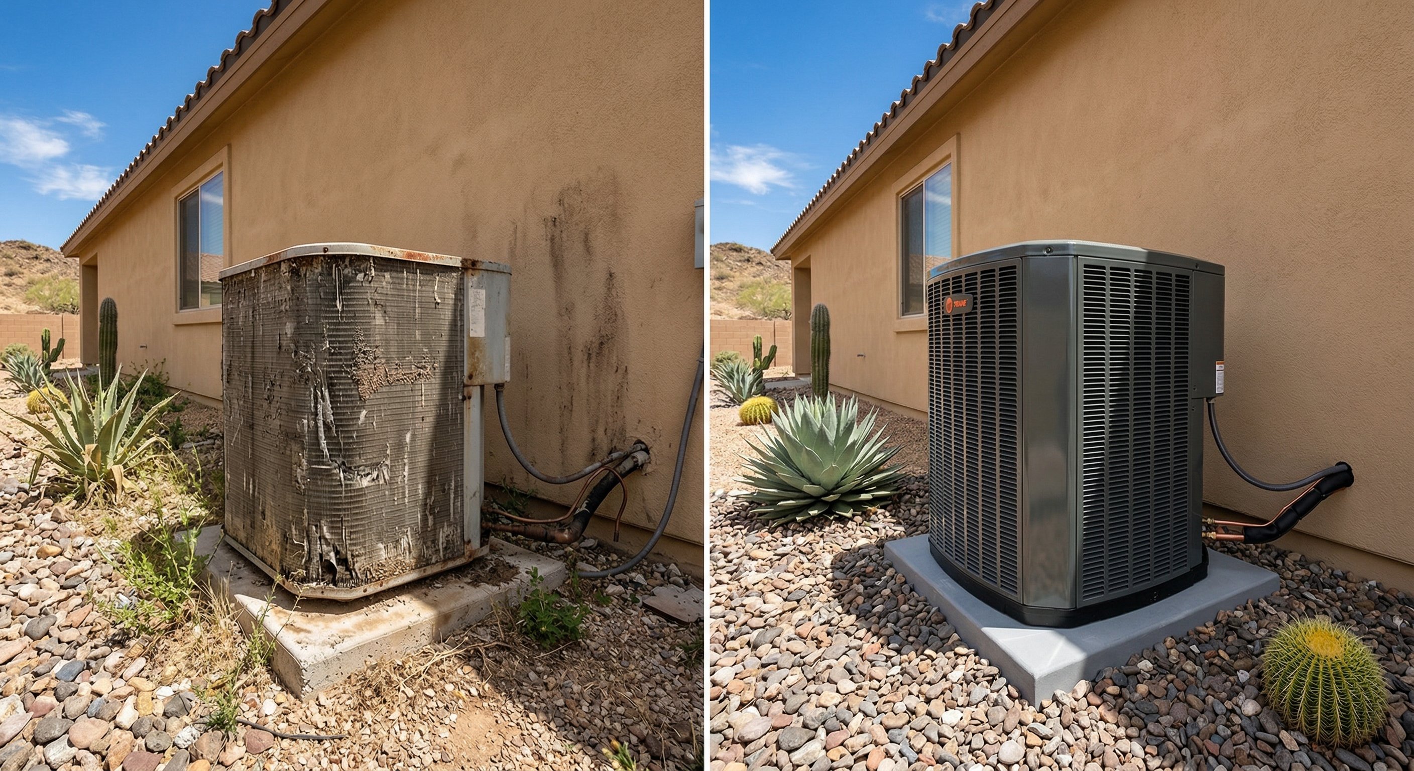 Old rusty AC condenser unit beside a new clean Trane installation on the side yard of an Arizona stucco home with desert landscaping