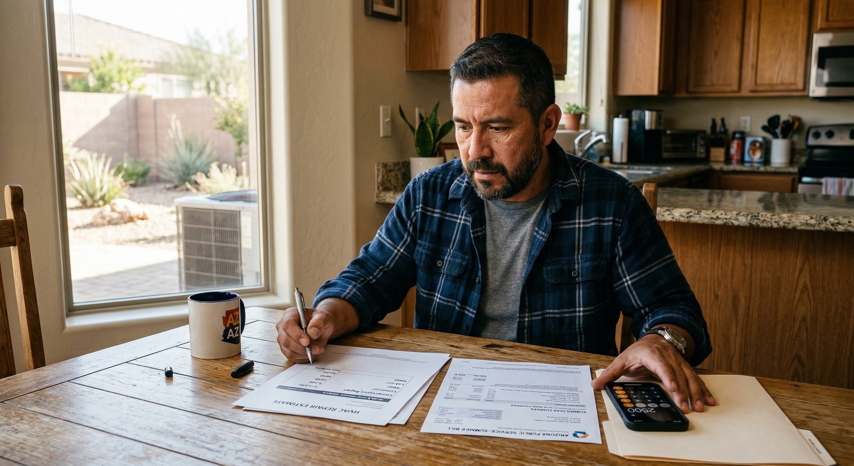 Arizona homeowner at kitchen table reviewing energy bill and repair estimate with calculator, looking stressed, soft afternoon light