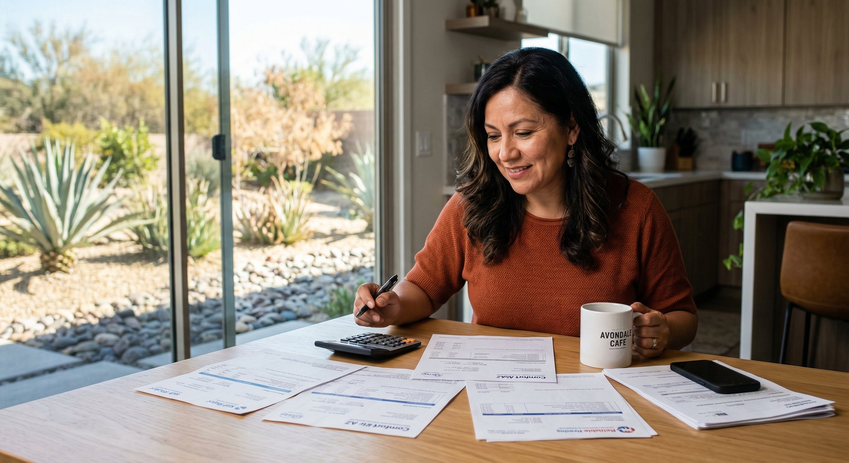 Homeowner reviewing energy bills at a kitchen table in a modern Avondale home interior with desert view through window