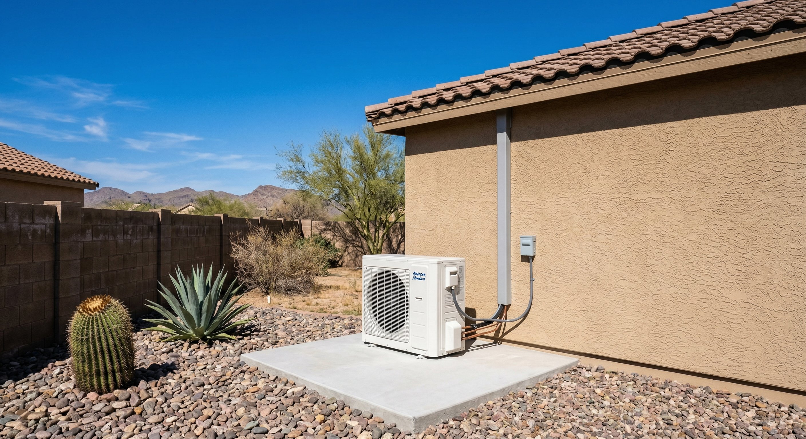 New AC unit on a concrete pad beside a tan stucco home in Buckeye AZ with desert landscaping and blue sky
