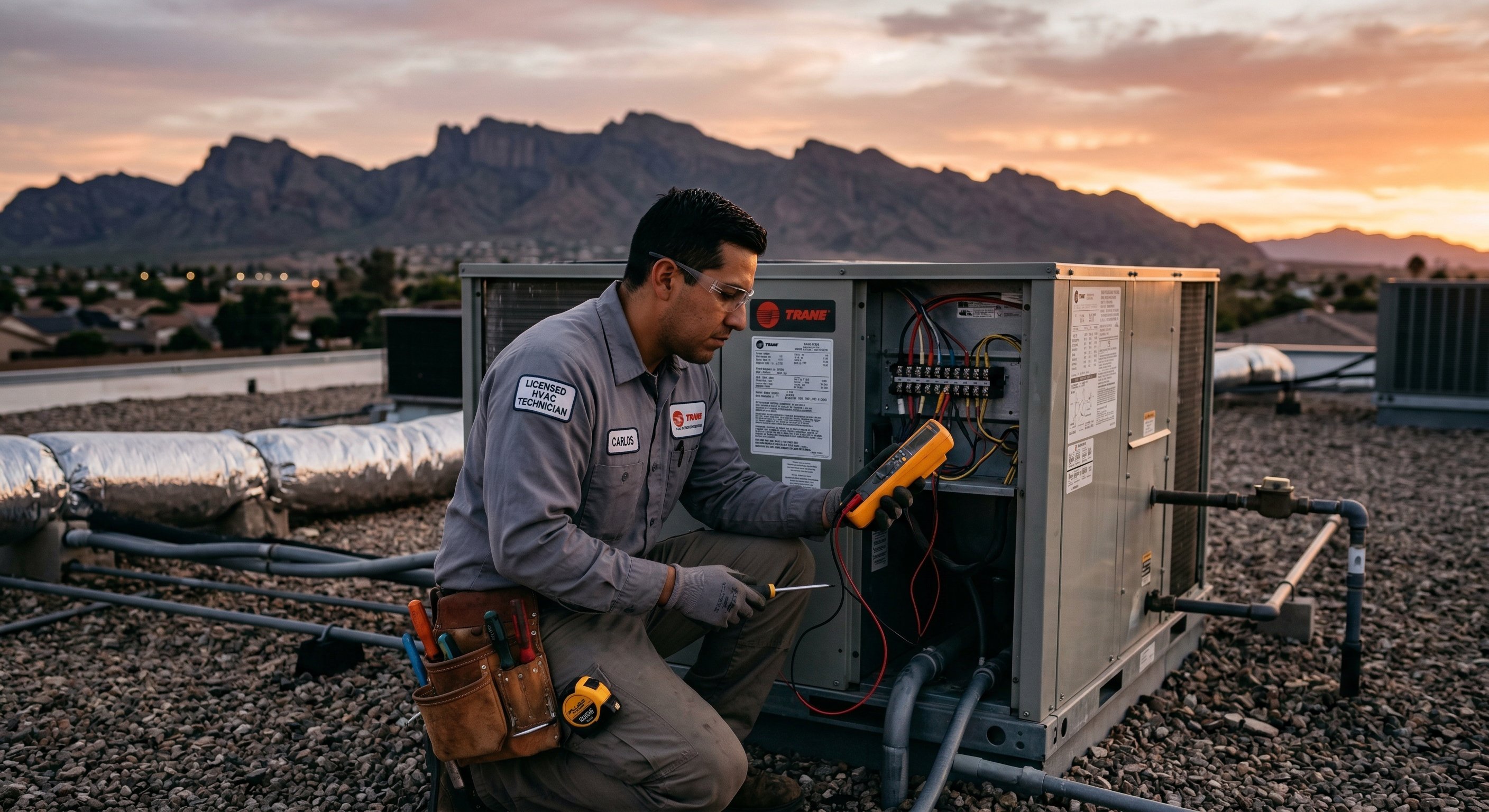 Licensed HVAC technician checking connections on a rooftop package unit on a flat-roofed Buckeye AZ home at sunset with mountain silhouette in the background