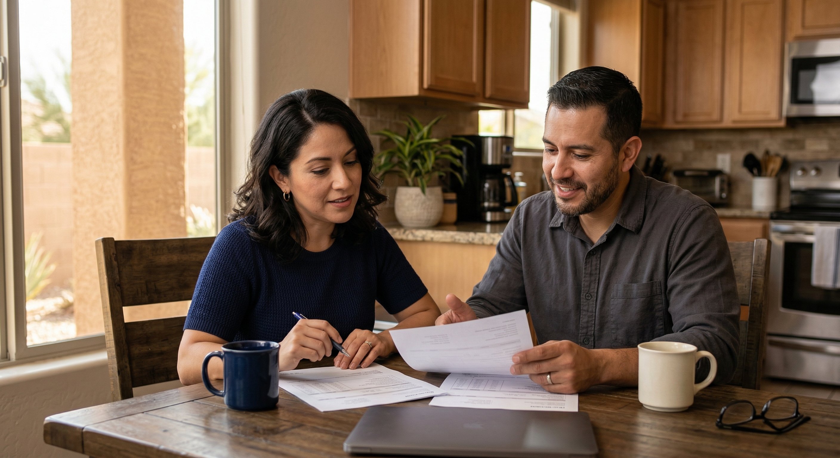 Arizona homeowner couple reviewing HVAC quote paperwork at kitchen table in their Buckeye AZ home, stucco exterior visible through window, early morning light