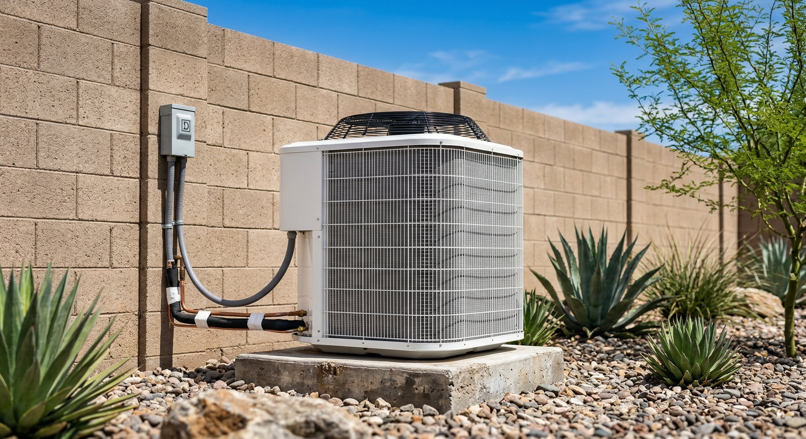 Close-up of a modern energy-efficient AC condenser unit on a concrete pad next to desert landscaping - river rock, agave plants - at a Buckeye AZ home