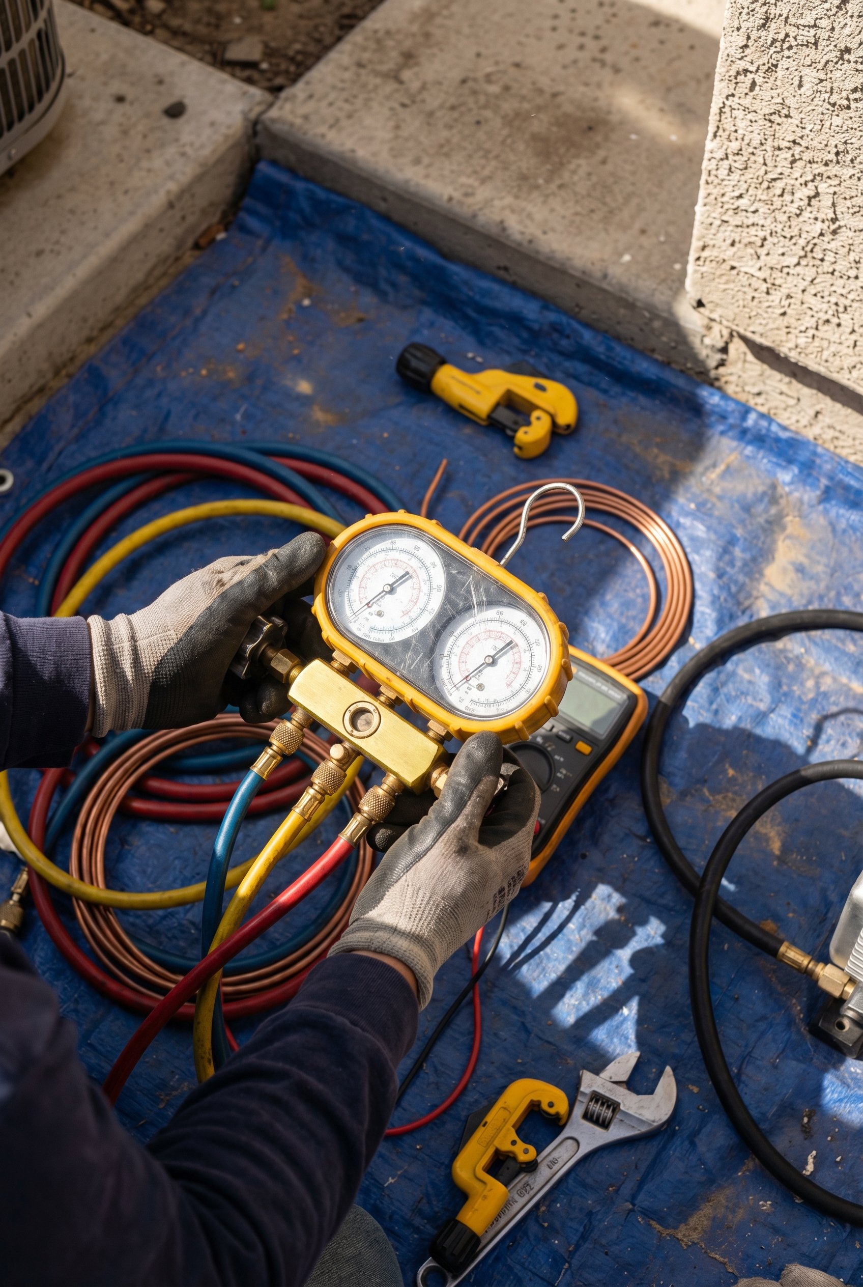 HVAC tools and refrigerant gauge on a concrete pad during an AC installation job in Arizona