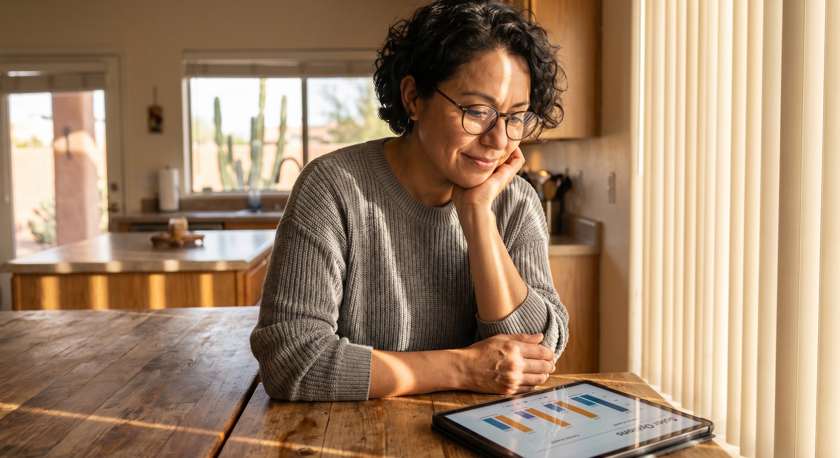 Homeowner reviewing utility bills and AC quotes at a kitchen table in an Arizona home