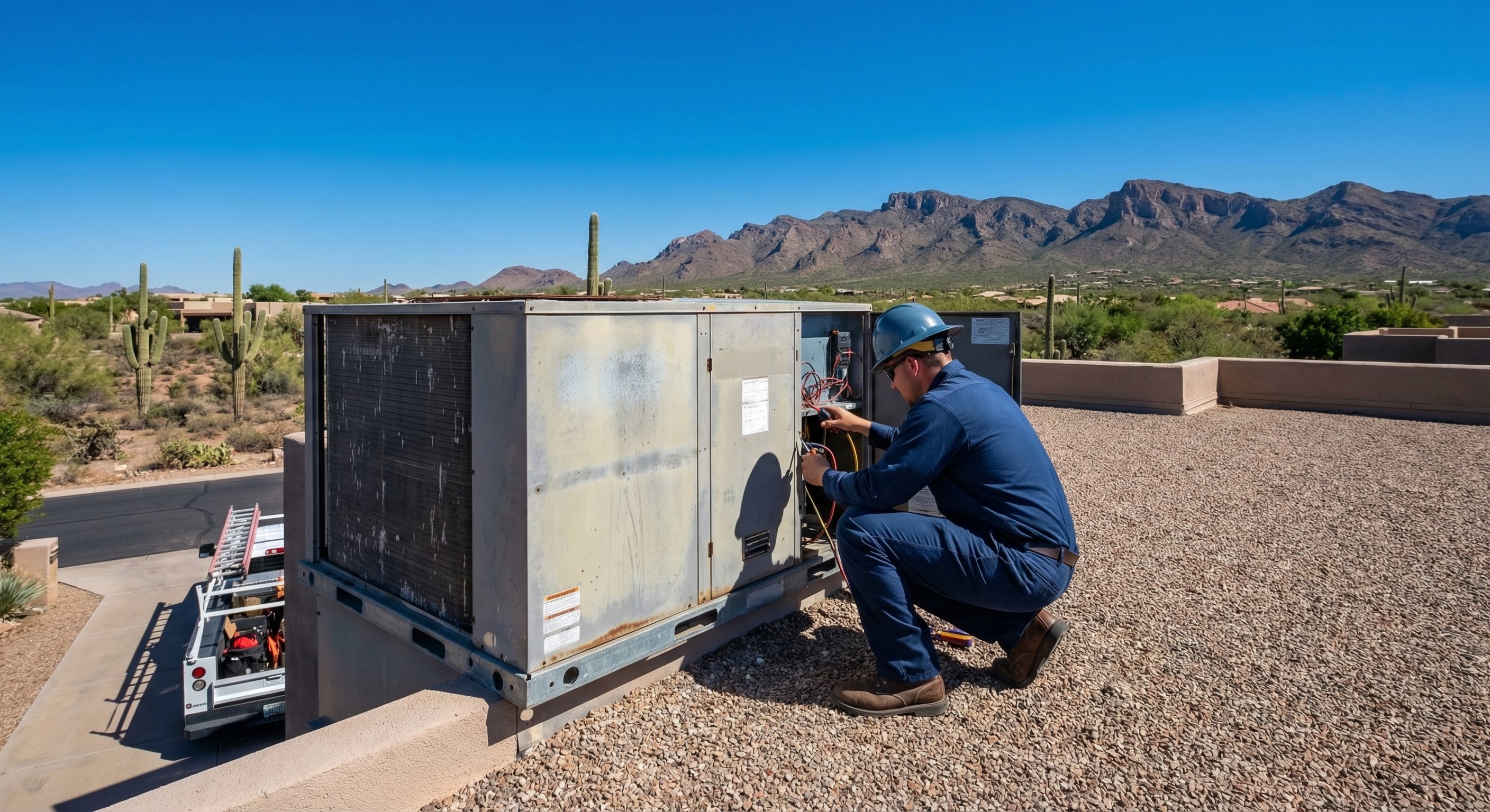 HVAC technician in work uniform inspecting a rooftop package unit on a flat-roof Arizona home with Fountain Hills desert landscape and mountain ridgeline visible in background, bright midday sun, wide shot, professional documentary photography