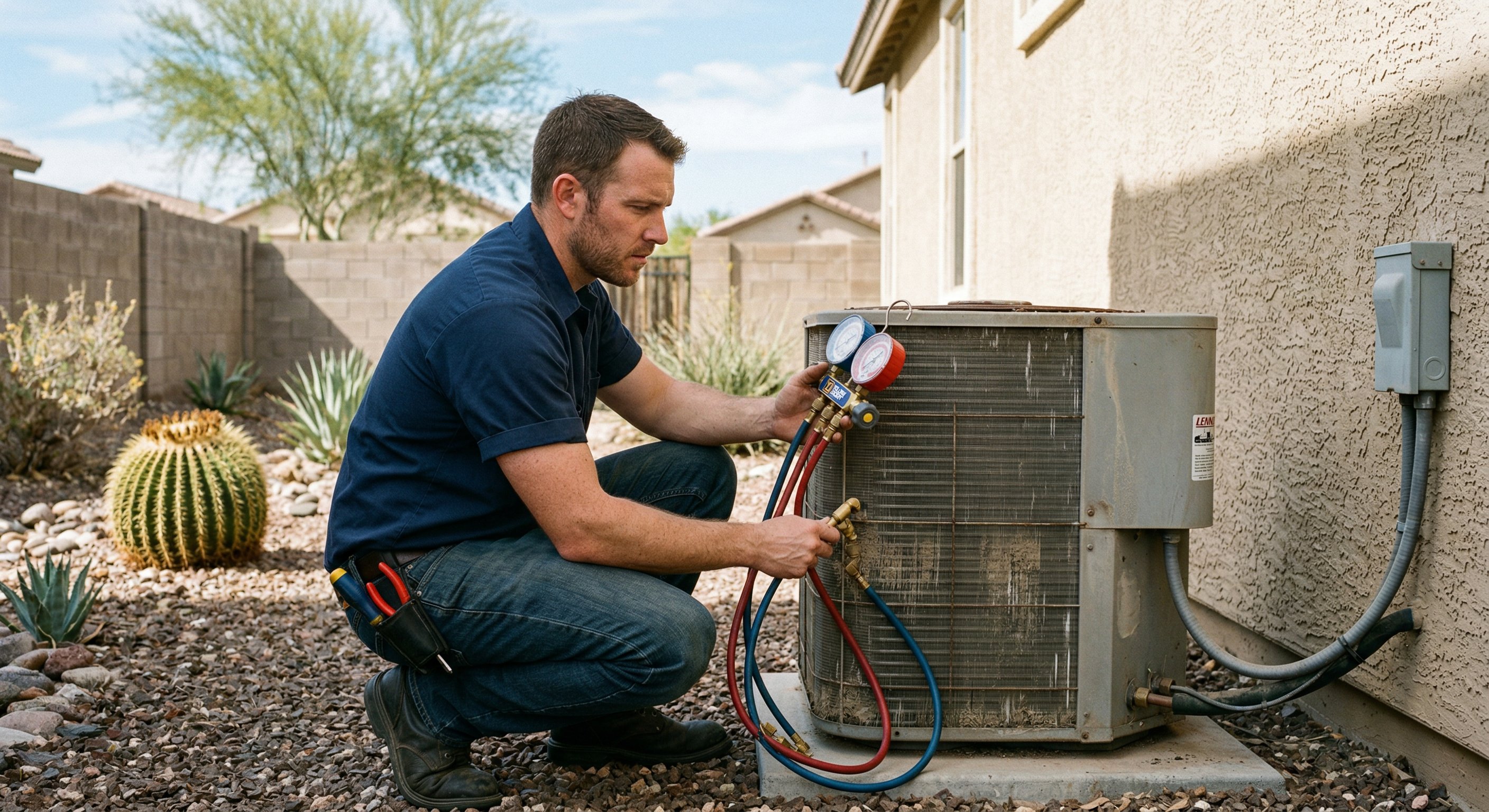 HVAC technician inspecting an older AC unit