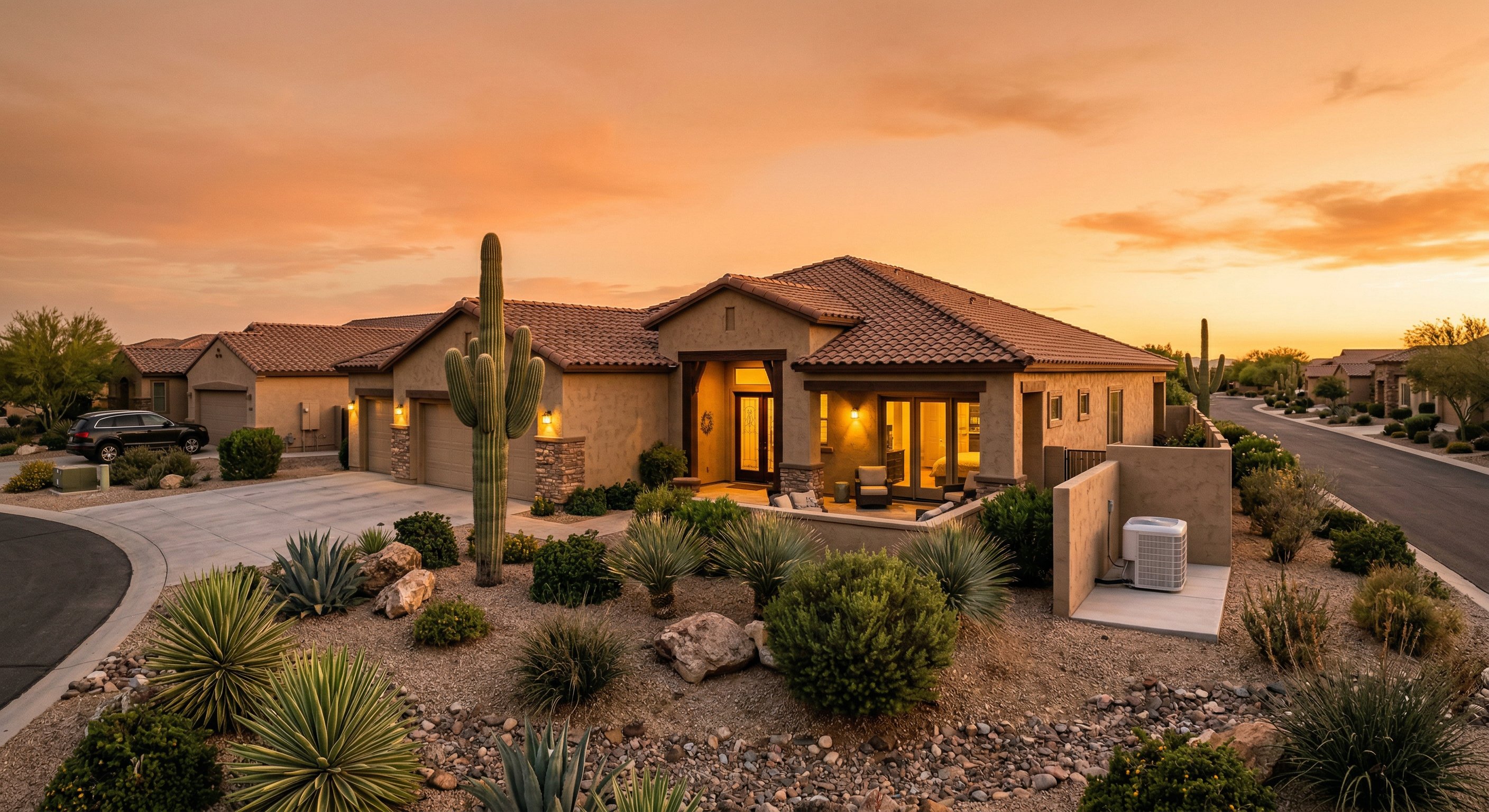 A modern Arizona home exterior at dusk with