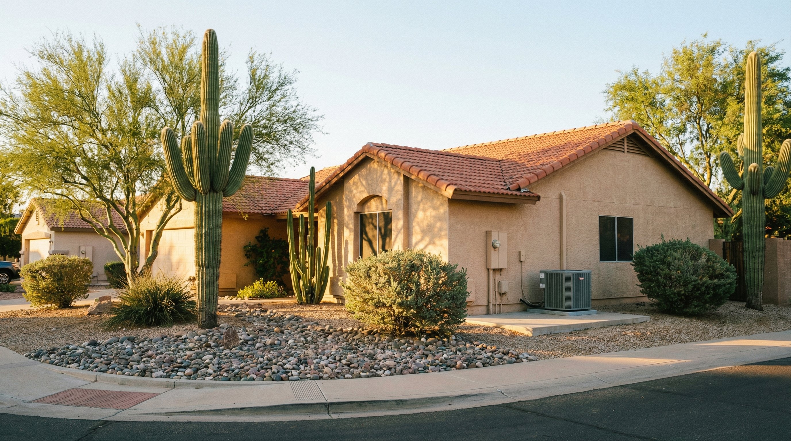 1970s stucco home in Litchfield Park Arizona with AC condenser on side yard