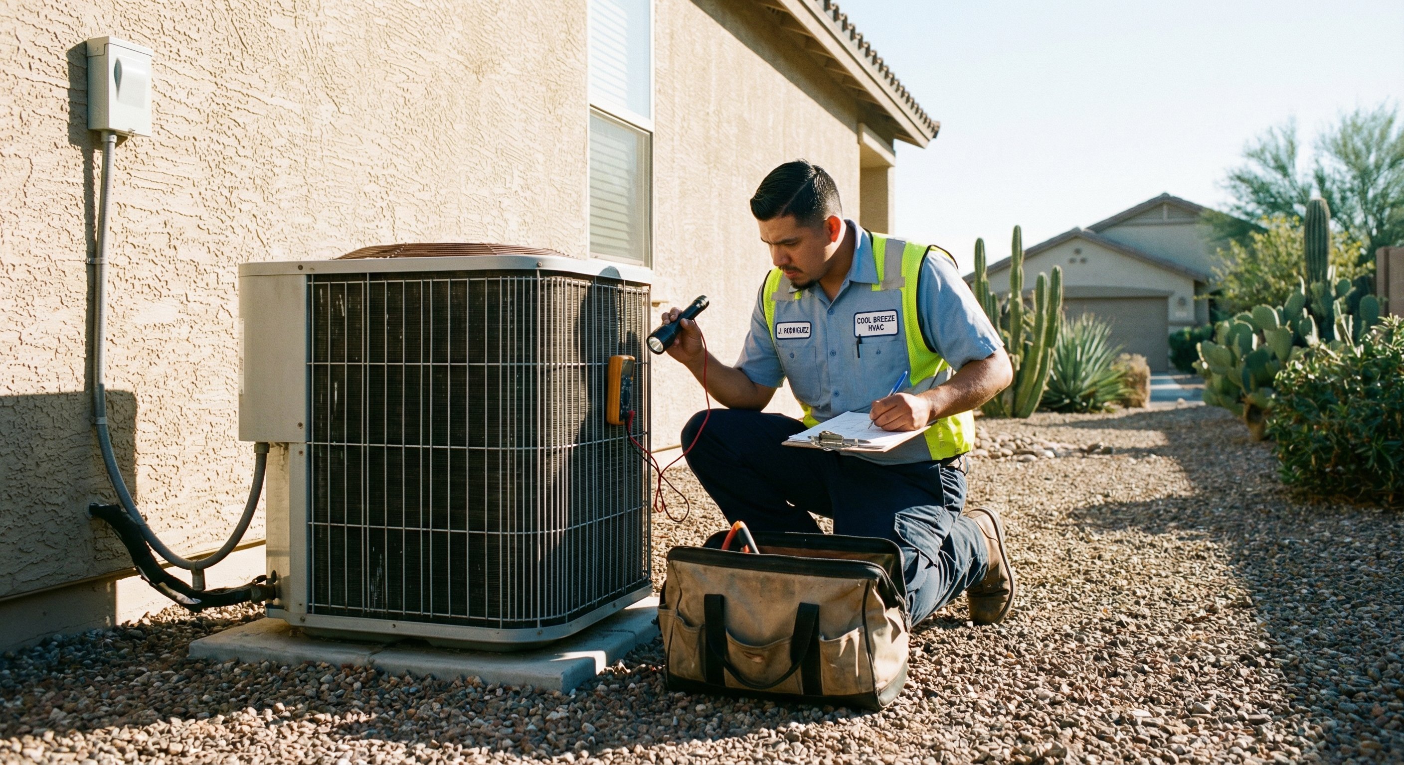 Licensed HVAC technician examining outdoor AC condenser unit at a Litchfield Park Arizona home