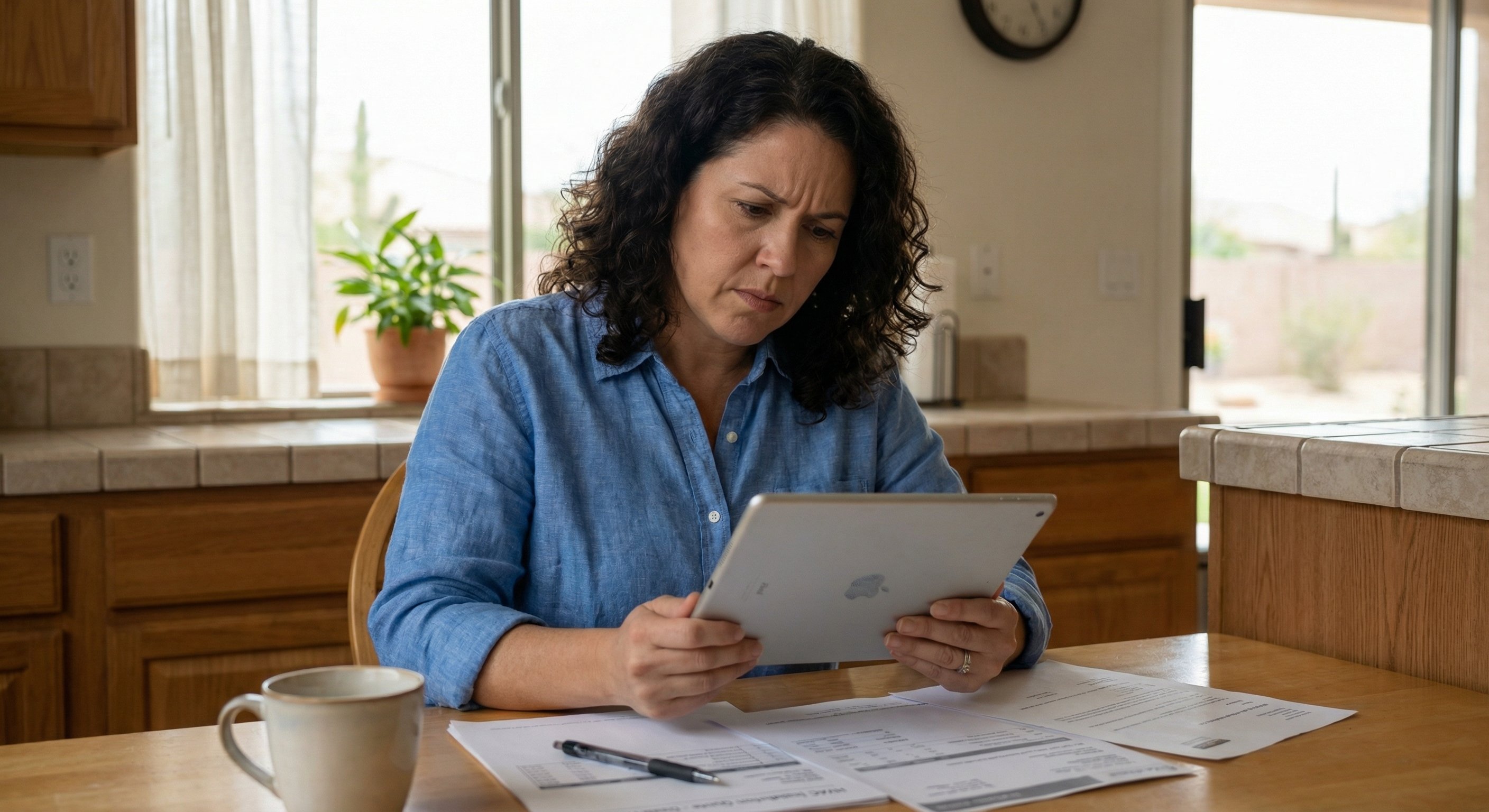 Homeowner reviewing HVAC quote on tablet in Litchfield Park Arizona kitchen