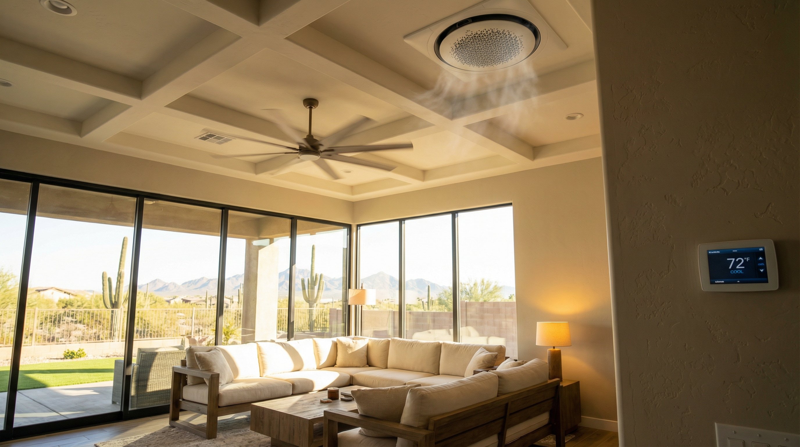 Modern living room in a Litchfield Park Arizona home with cool air flowing from ceiling vent