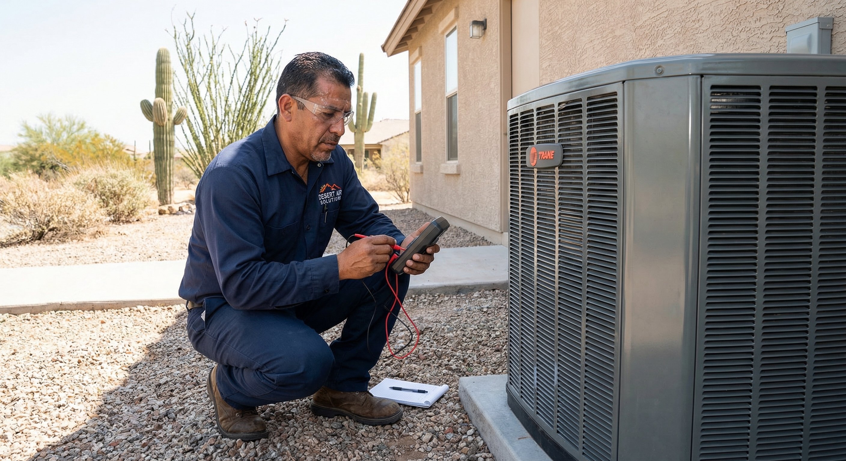 Licensed HVAC technician examining an outdoor AC condenser unit at a Maricopa Arizona home