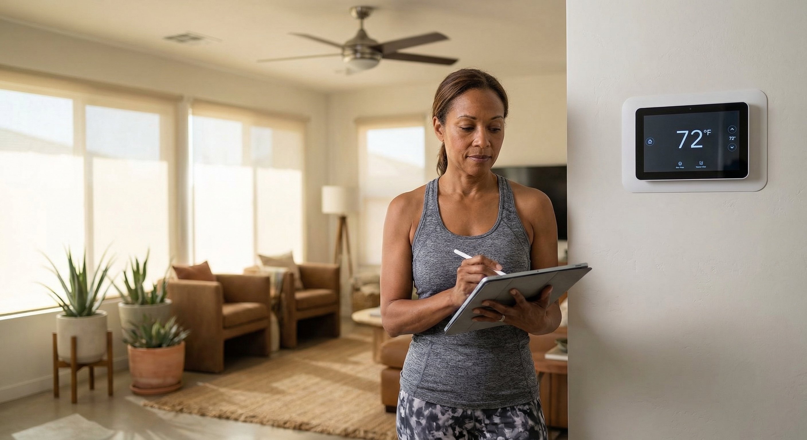  Maricopa homeowner reviewing HVAC paperwork at a kitchen table