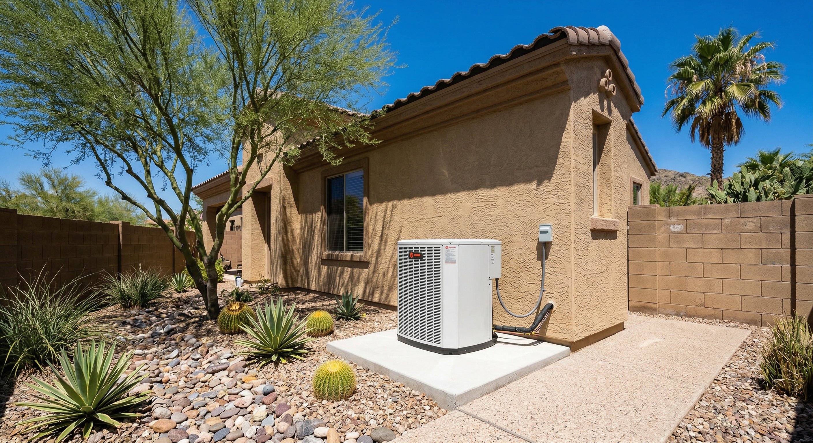 A new Trane condenser unit installed on a concrete pad beside a tan stucco Peoria Arizona home with desert landscaping and palm trees in background
