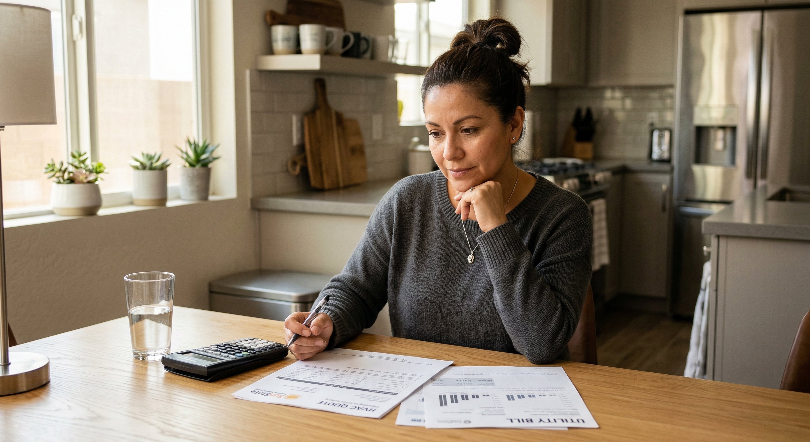 Arizona homeowner reviewing HVAC quotes at kitchen table with financing paperwork and a utility bill visible