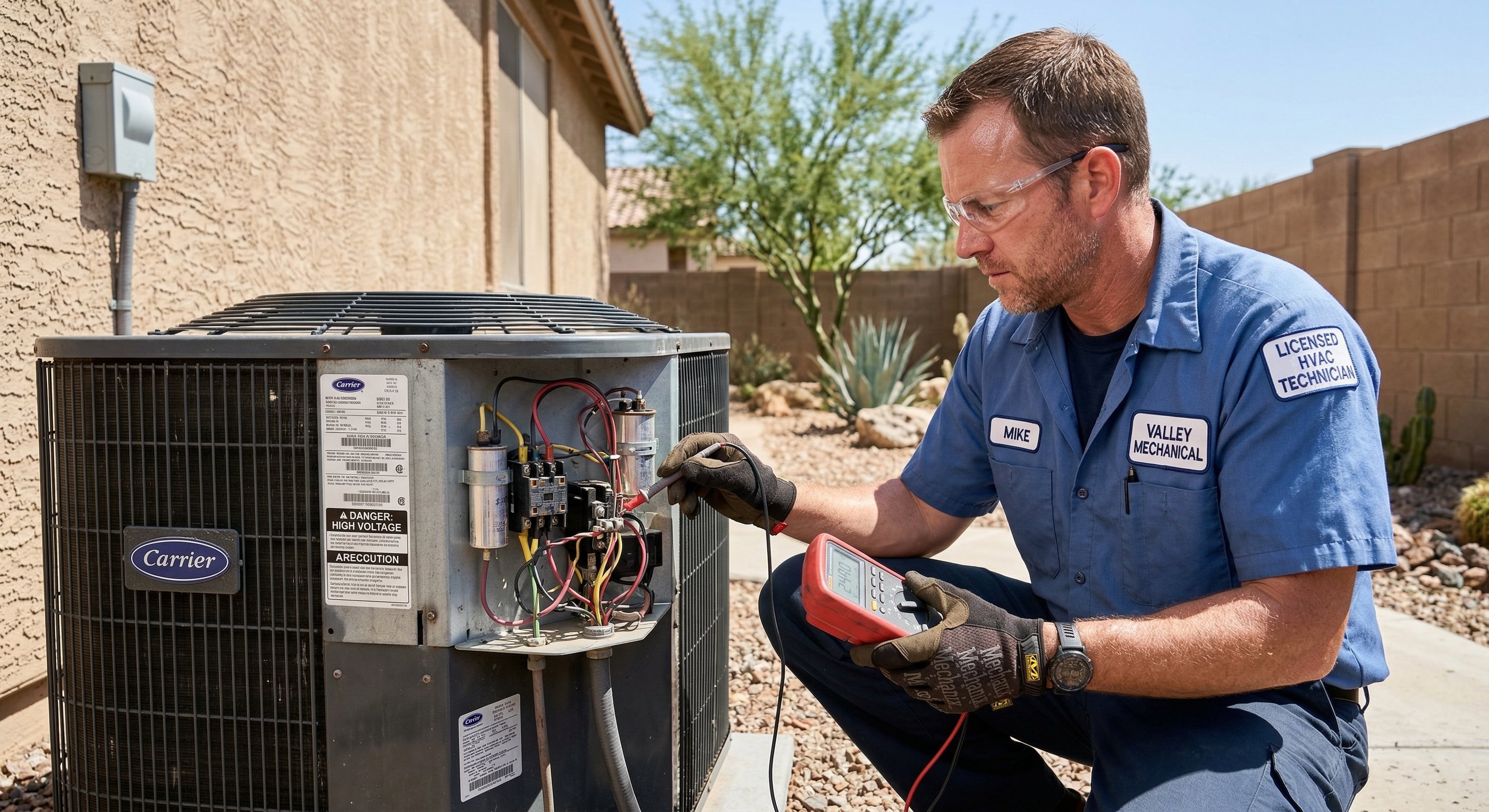 Licensed HVAC technician inspecting and servicing outdoor AC condenser unit in Arizona backyard, tools in hand, stucco wall and desert plants in background
