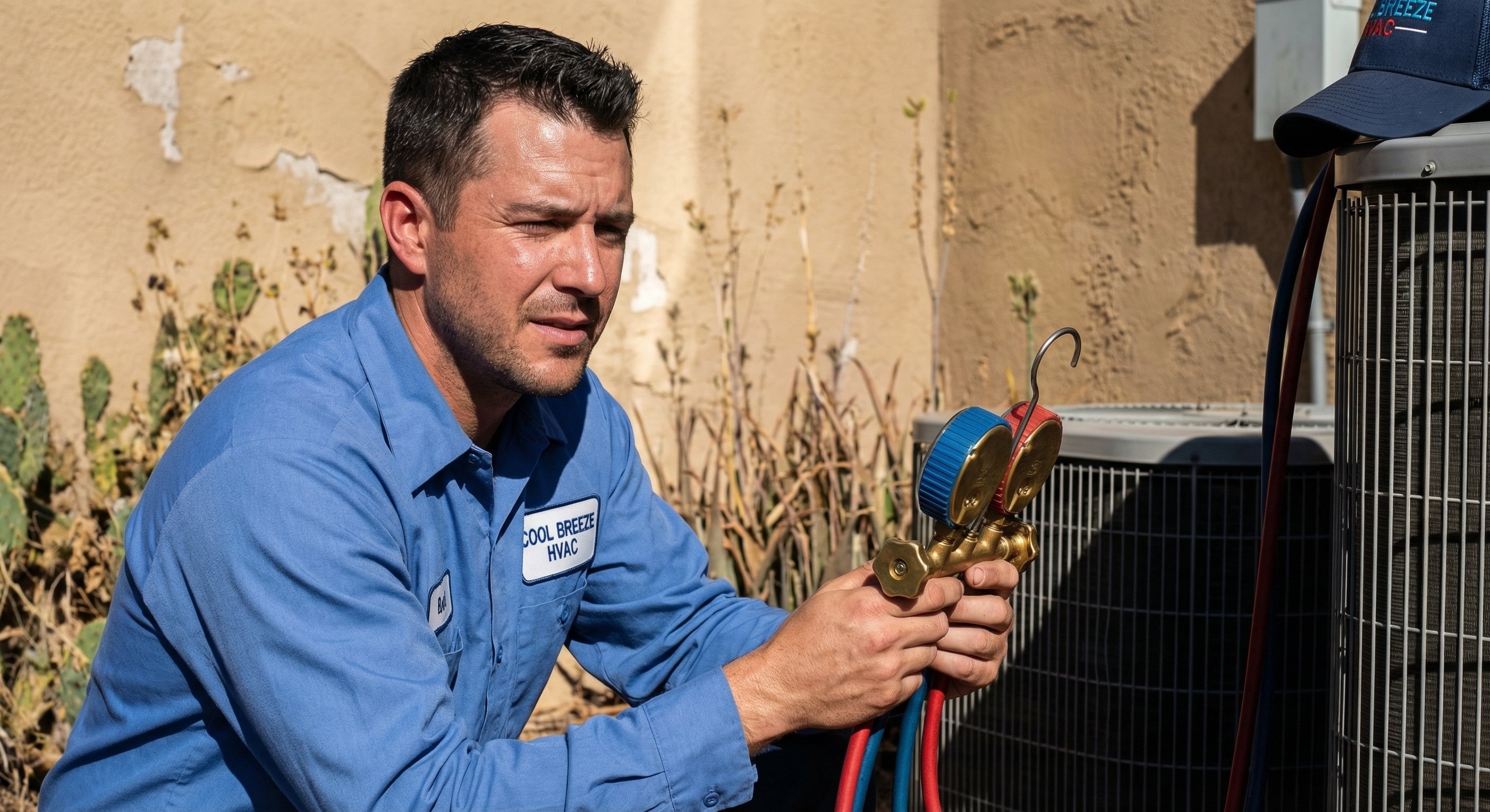 HVAC technician checking refrigerant levels on an outdoor condenser unit beside a tan stucco wall in Scottsdale