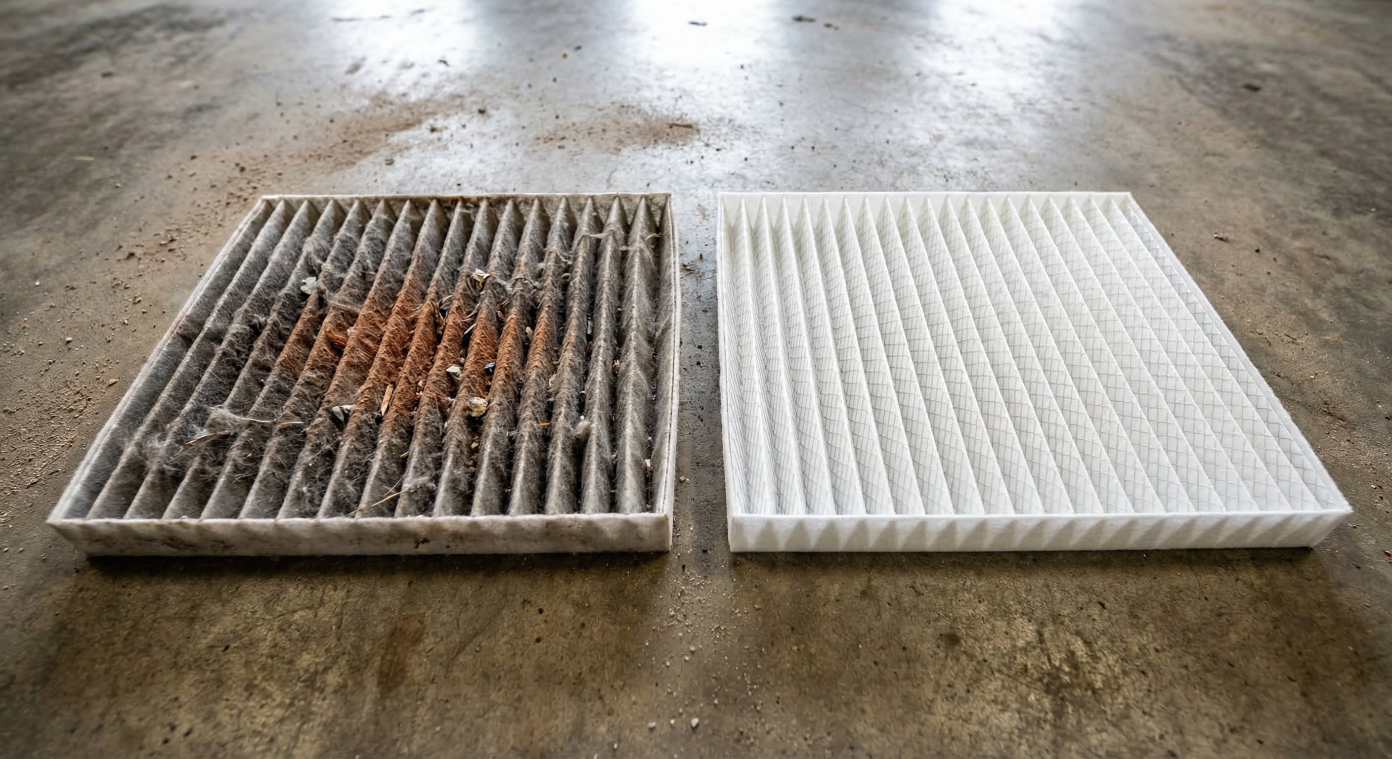 Dirty vs clean AC air filter comparison, desert dust clearly visible on the clogged filter