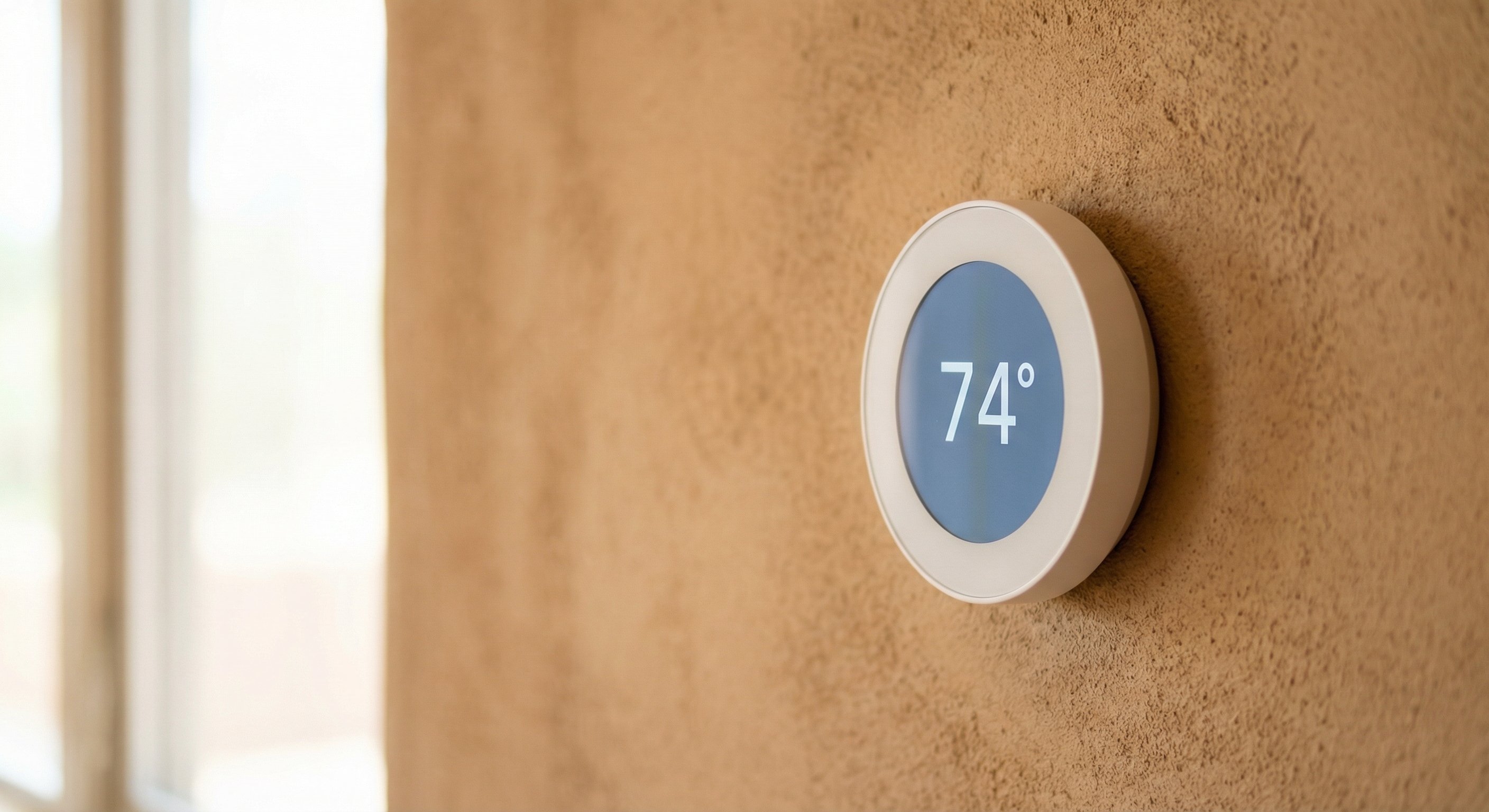 Smart thermostat on stucco wall in Phoenix home showing clean digital display
