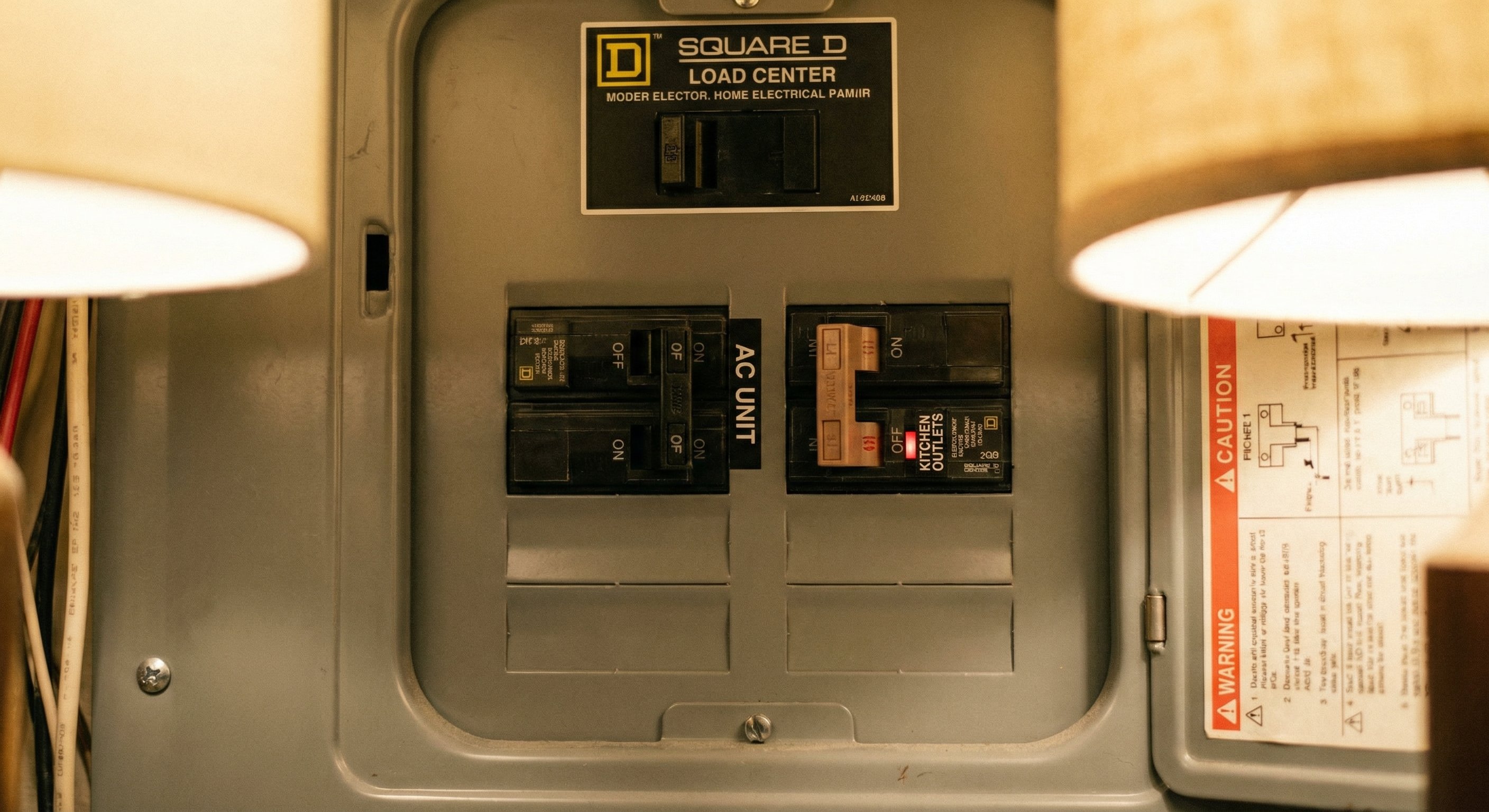 Home electrical panel with AC circuit breaker visible