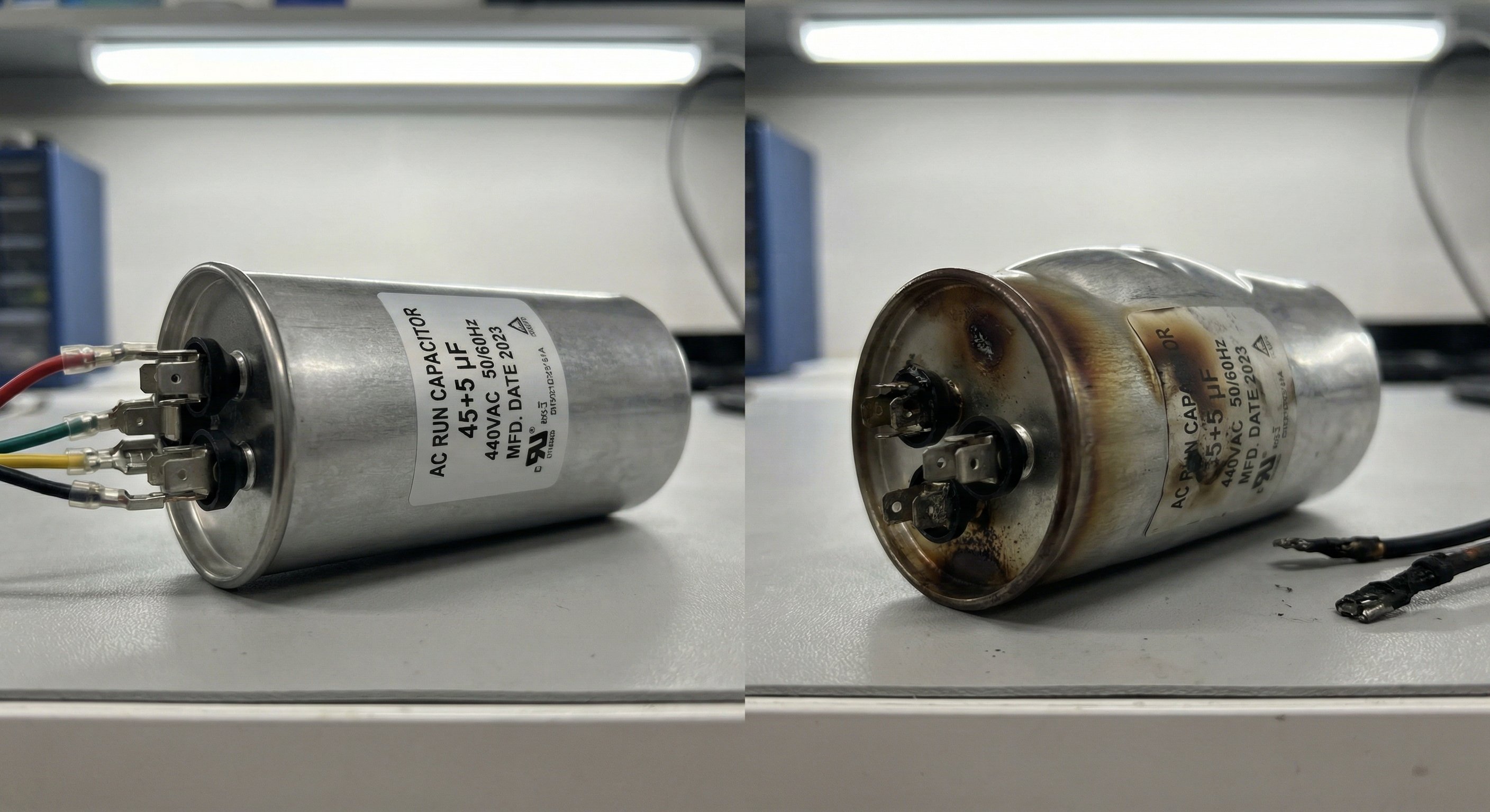 New clean AC run capacitor next to a failed bulging capacitor