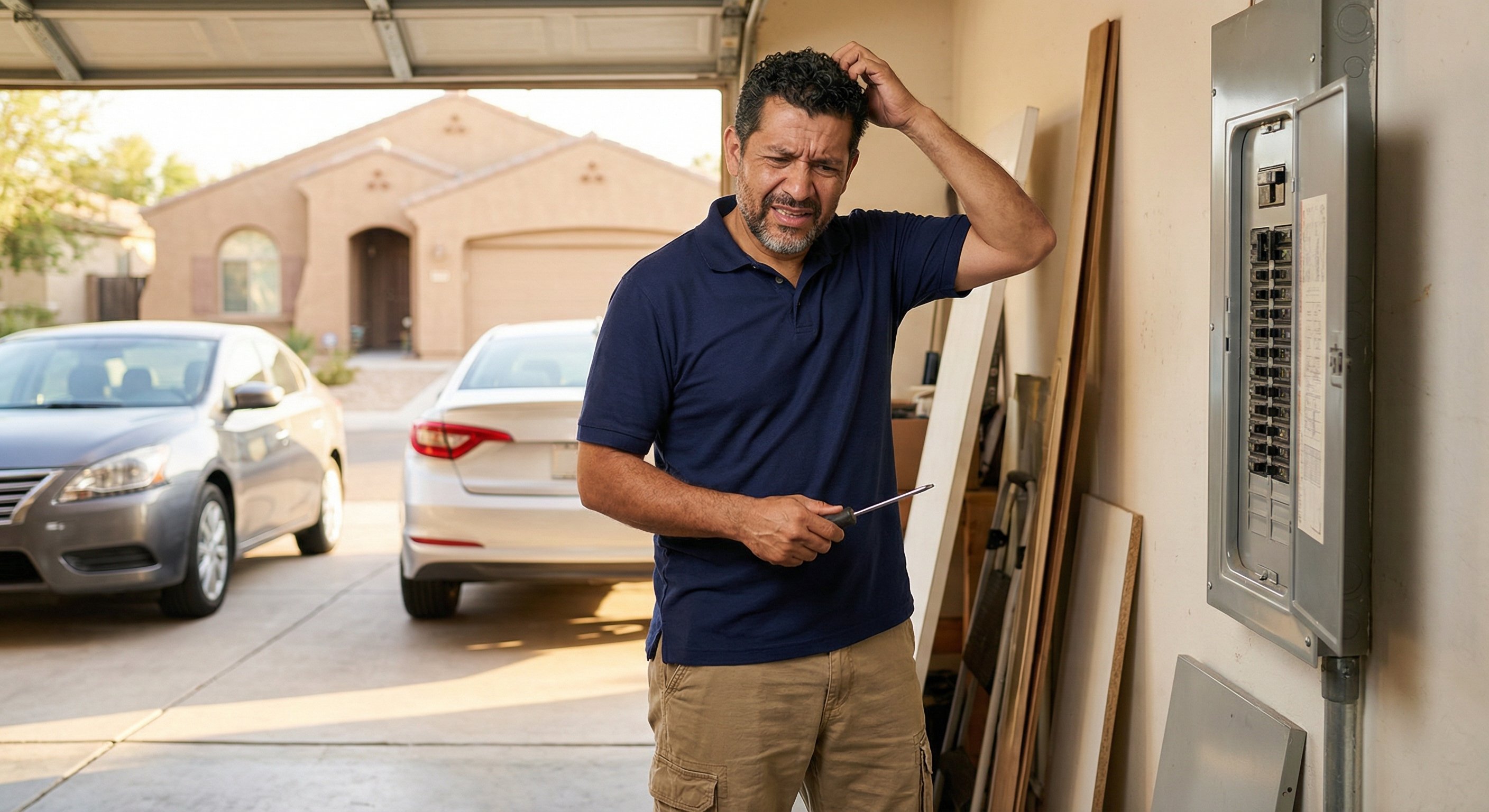 Phoenix homeowner checking circuit breaker panel in garage