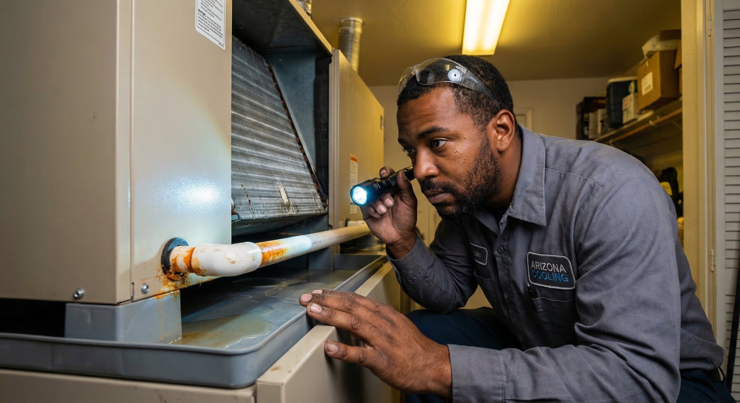 HVAC technician inspecting a condensate drain line on an indoor air handler in a Mesa, Arizona home