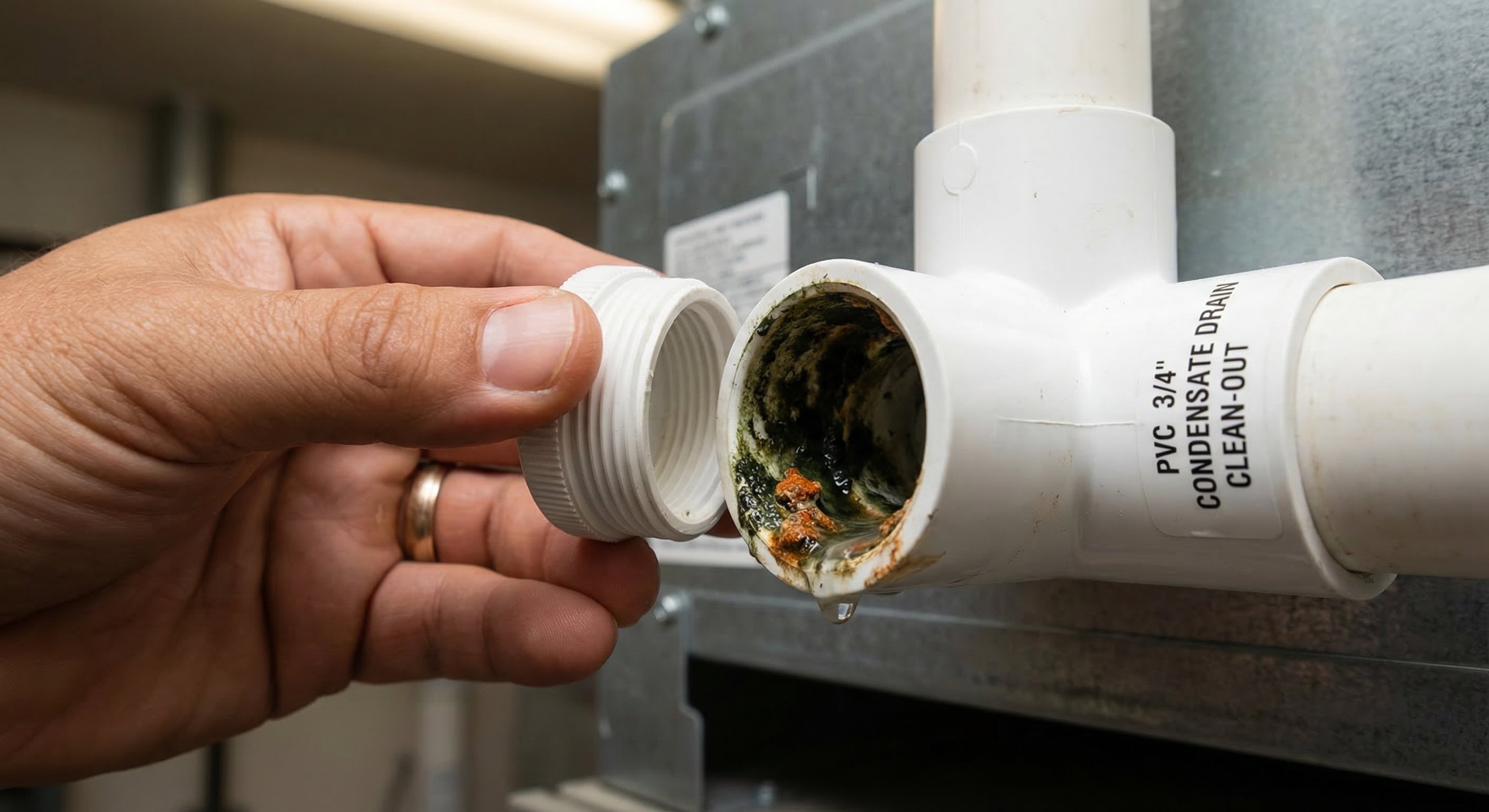 Close-up of a white PVC condensate drain clean-out fitting on an indoor AC air handler, with a hand removing the cap for maintenance