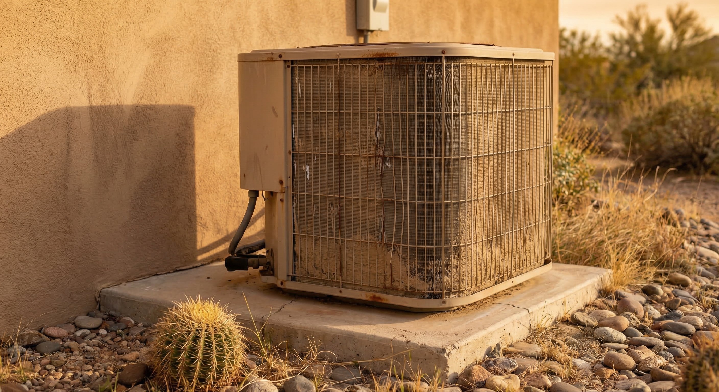 Aging HVAC condenser unit on a concrete pad beside an older Arizona stucco home, showing worn exterior with desert landscaping around it