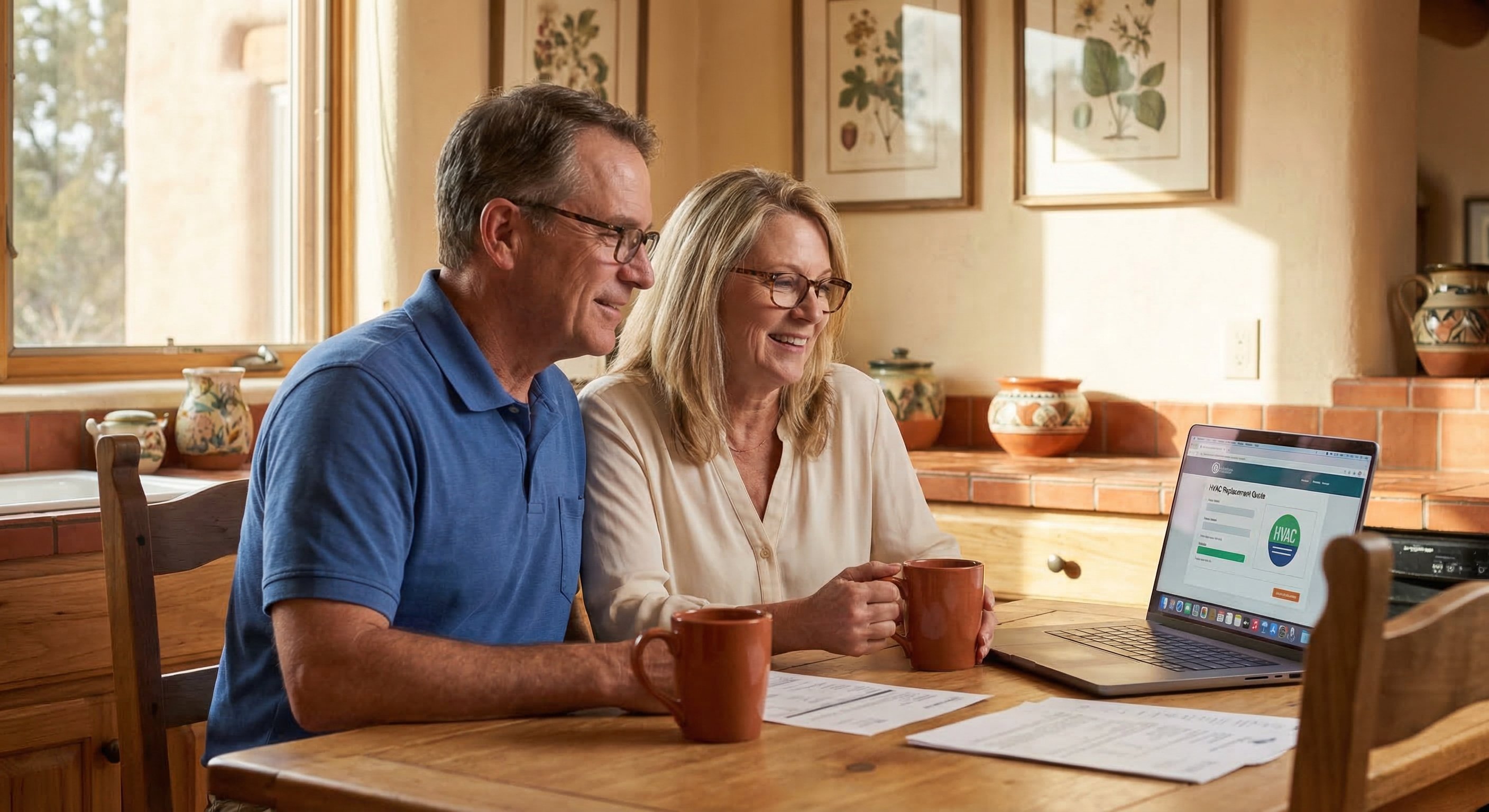 Arizona homeowner couple at a kitchen table reviewing HVAC financing options and a new AC quote, natural light through the window, relaxed and confident
