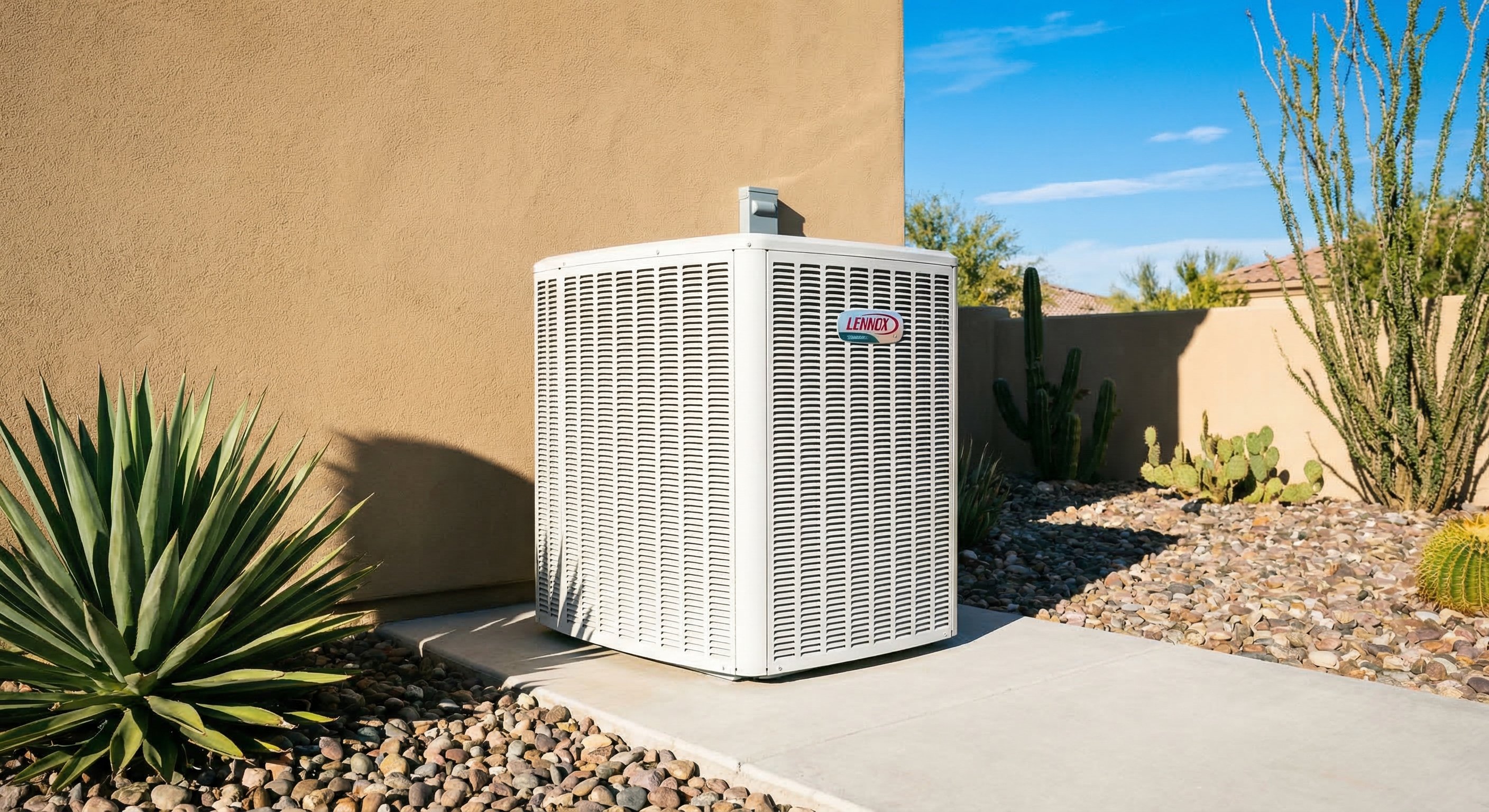 New HVAC condenser unit freshly installed on a concrete pad against a clean stucco wall in an Apache Junction backyard, desert landscaping with river rock and an agave plant nearby, bright Arizona afternoon sun