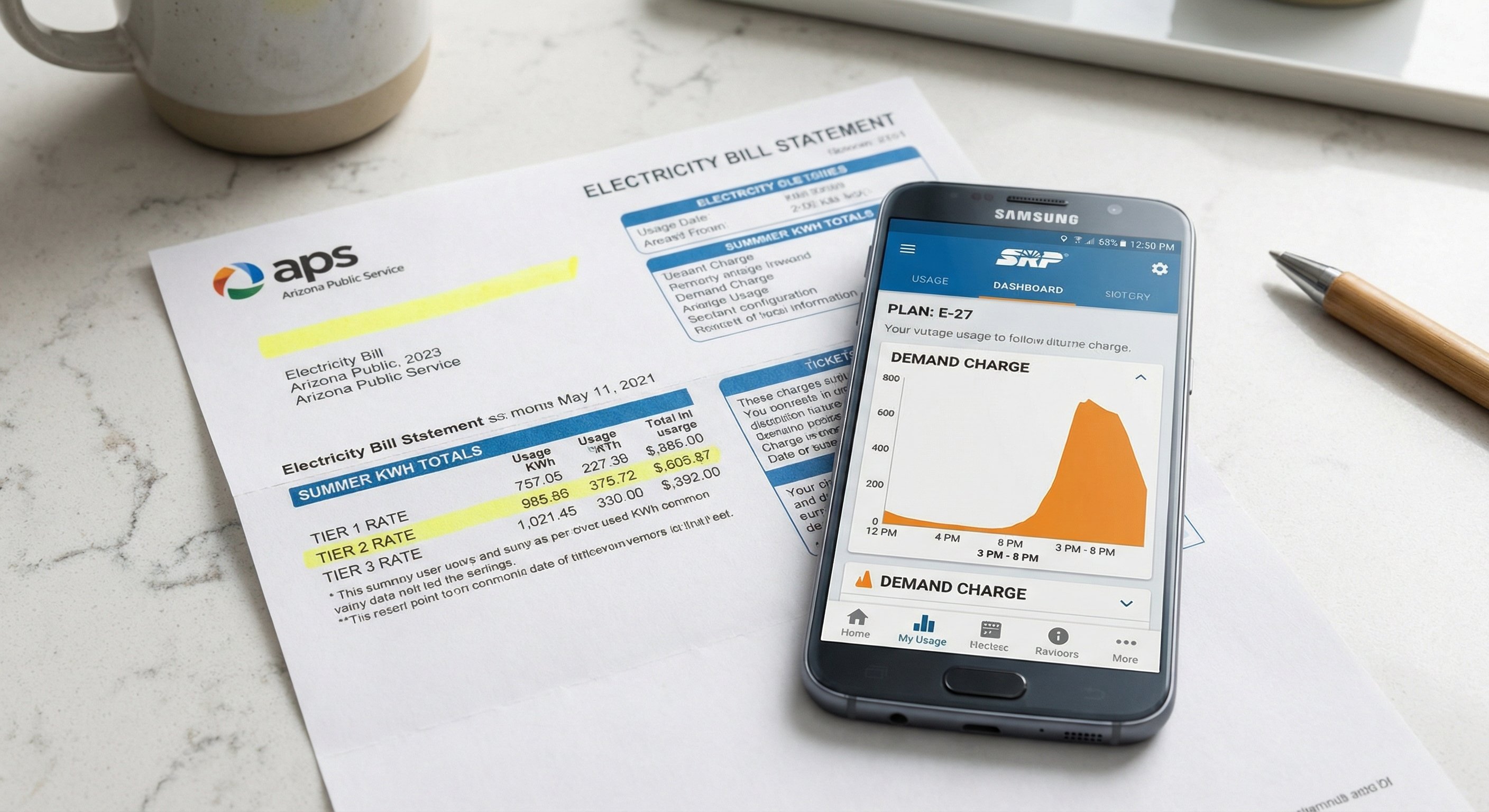 Overhead flat-lay of an APS electricity bill and an SRP app on a smartphone showing demand charge data